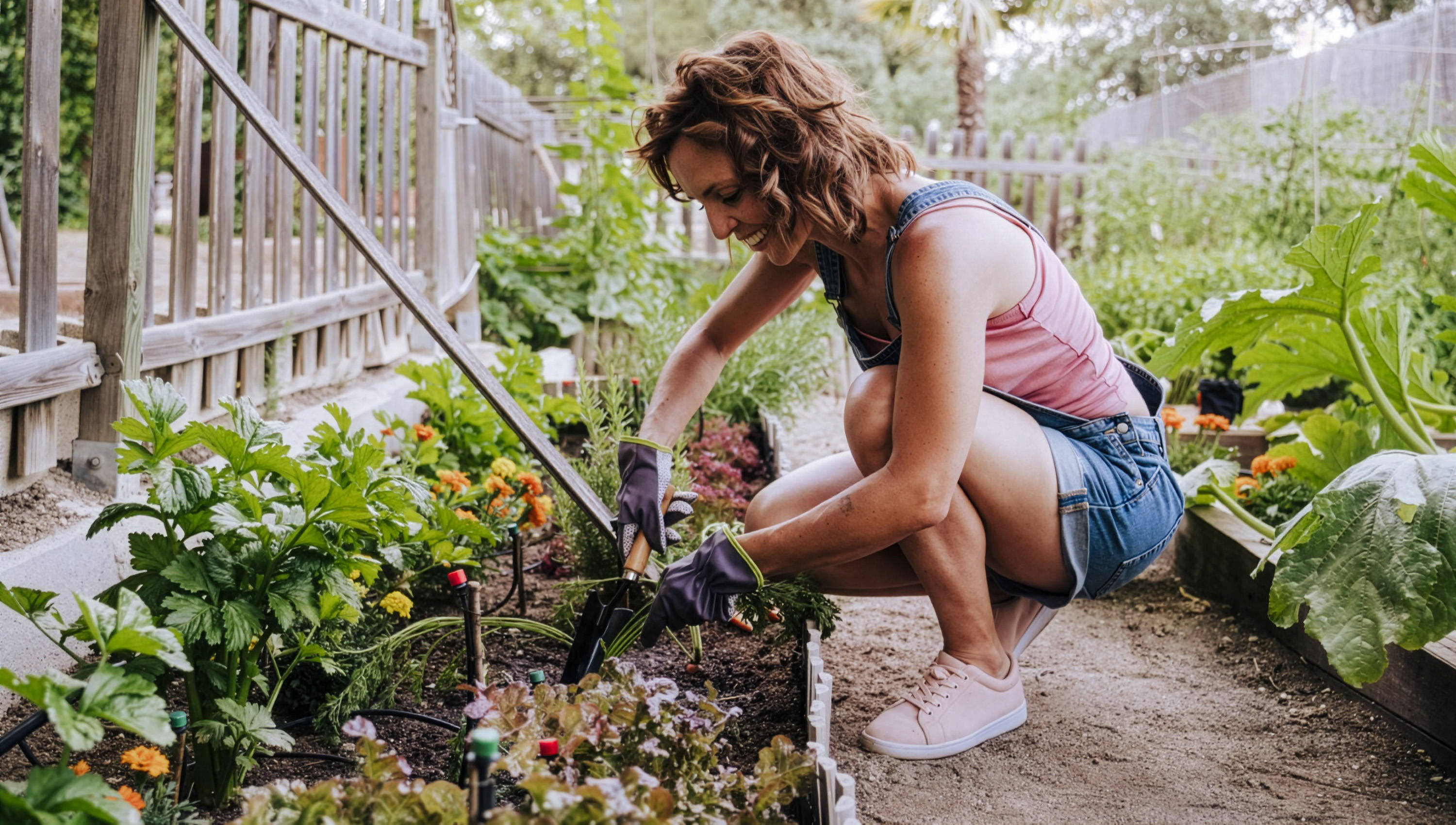 Frau in Jeans-Latzhose und Gartenhandschuhen hockt zwischen Beeten in einem Garten und gräbt mit einer kleinen Schaufel.