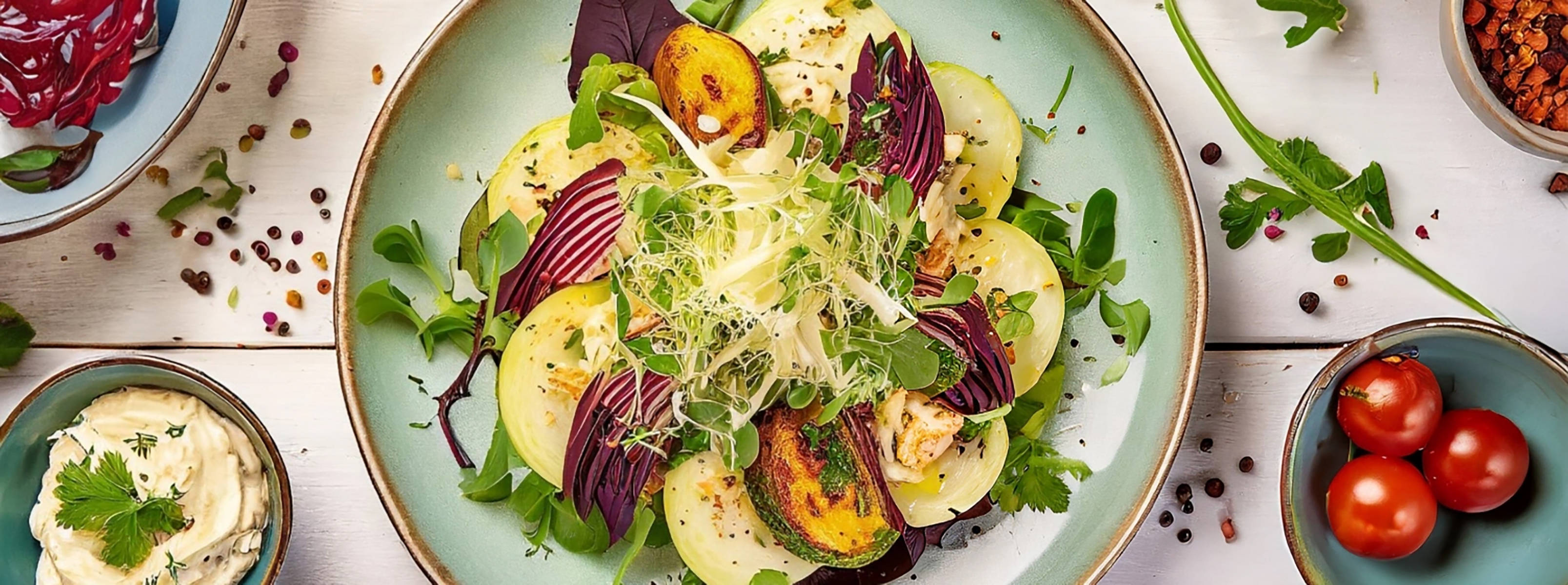 Bunter Kohlrabi-Salat mit frischem Gemüse auf einem Teller.