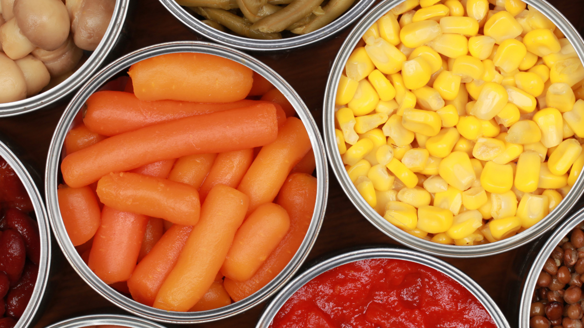 Konserven mit Gemüse, Mais, Karotten, Bohnen, Pilze, Tomatensoße.