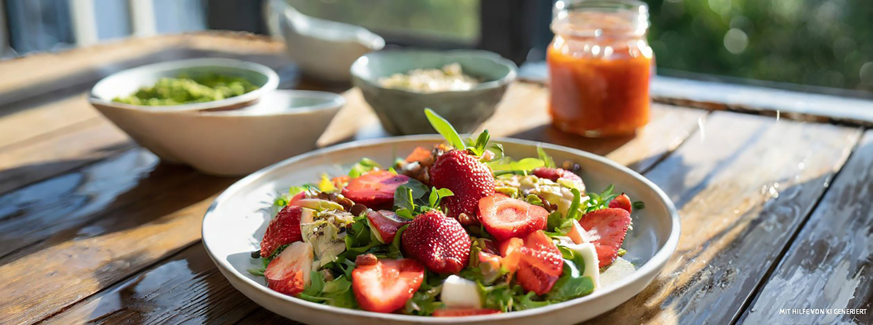 Erdbeersalat auf Holztisch mit weiteren Speisen im Hintergrund.