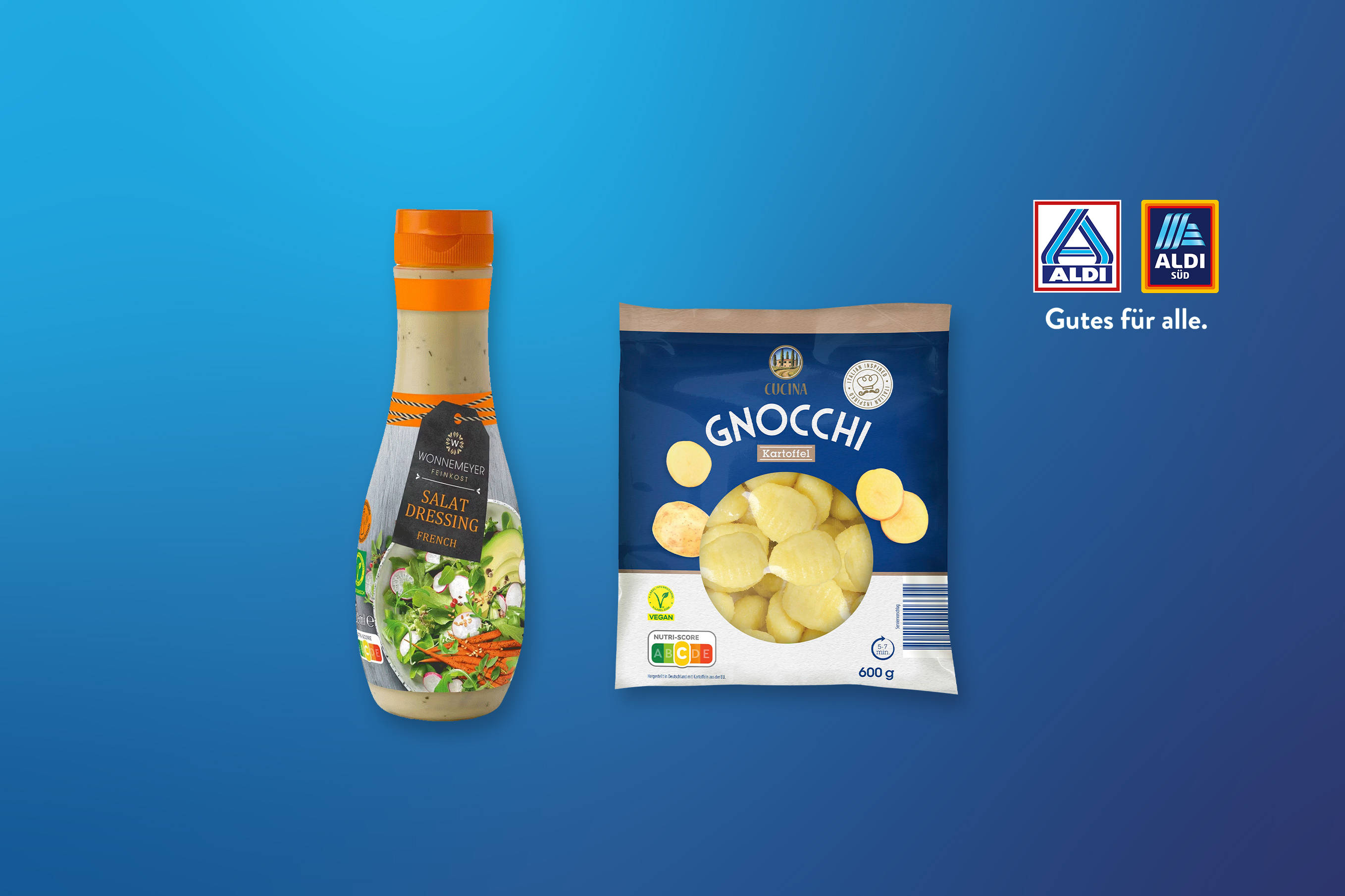 Produktabbildung Wonnemeyer Salatdressing und Cucina Gnocchi, im Hintergrund sind das ALDI SÜD und ALDI Nord Logo.