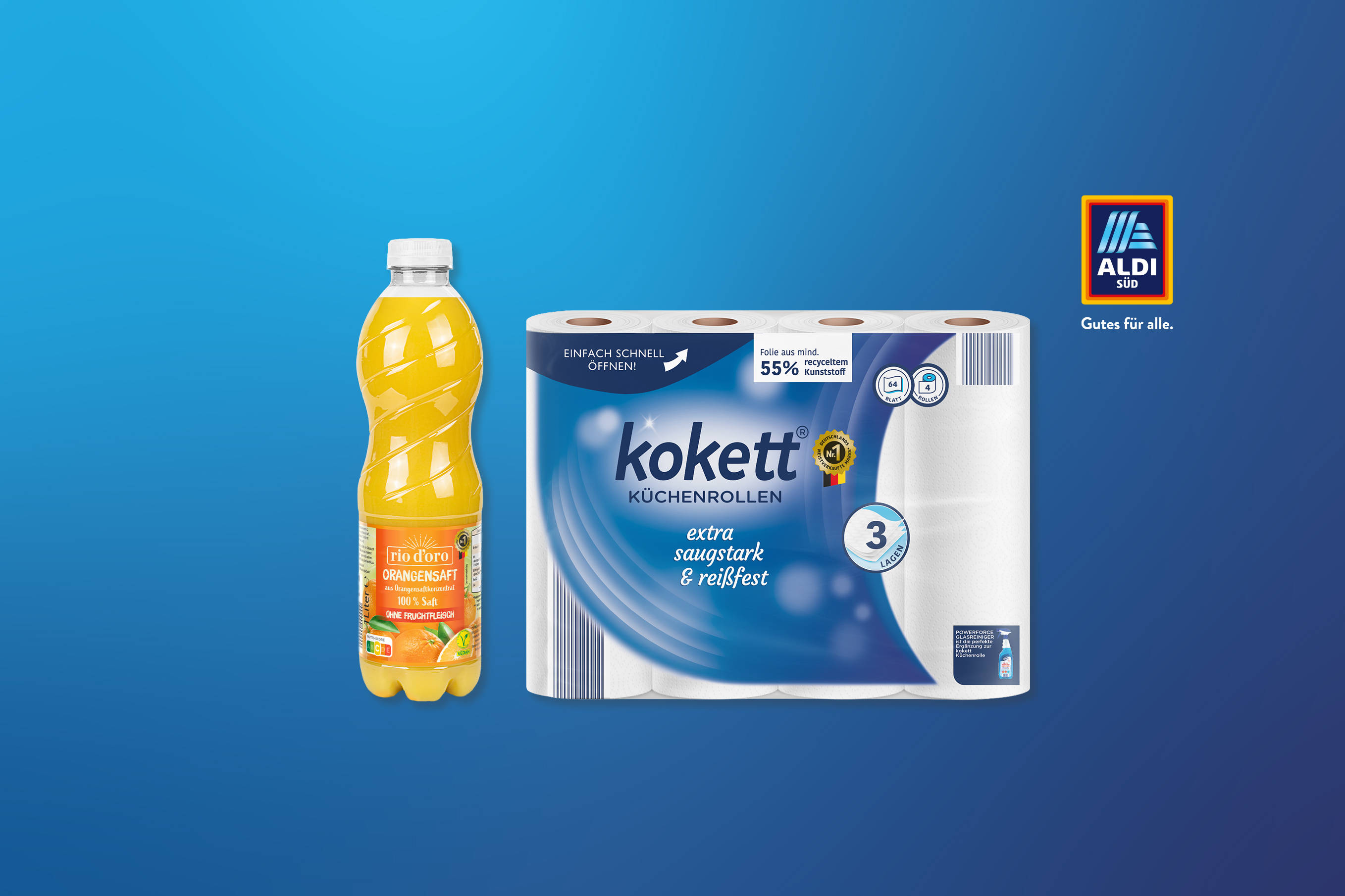 Produktabbildung von zwei Aldi Süd Produkten: Rio D'oro Orangensaft und Kokett Küchenrollen.