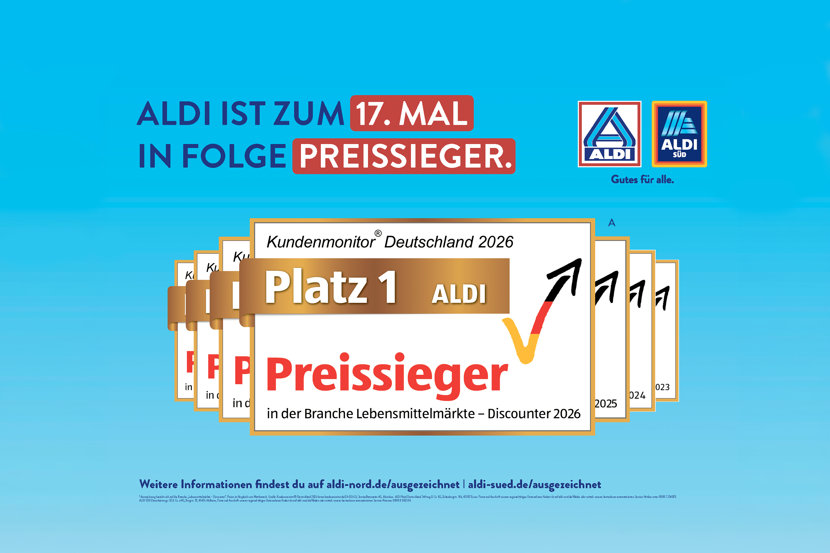 Kundenmonitor® 2026 Siegel: ALDI Platz 1 in der Kategorie Preissieger in der Branche Lebensmittel - Discounter 2026.