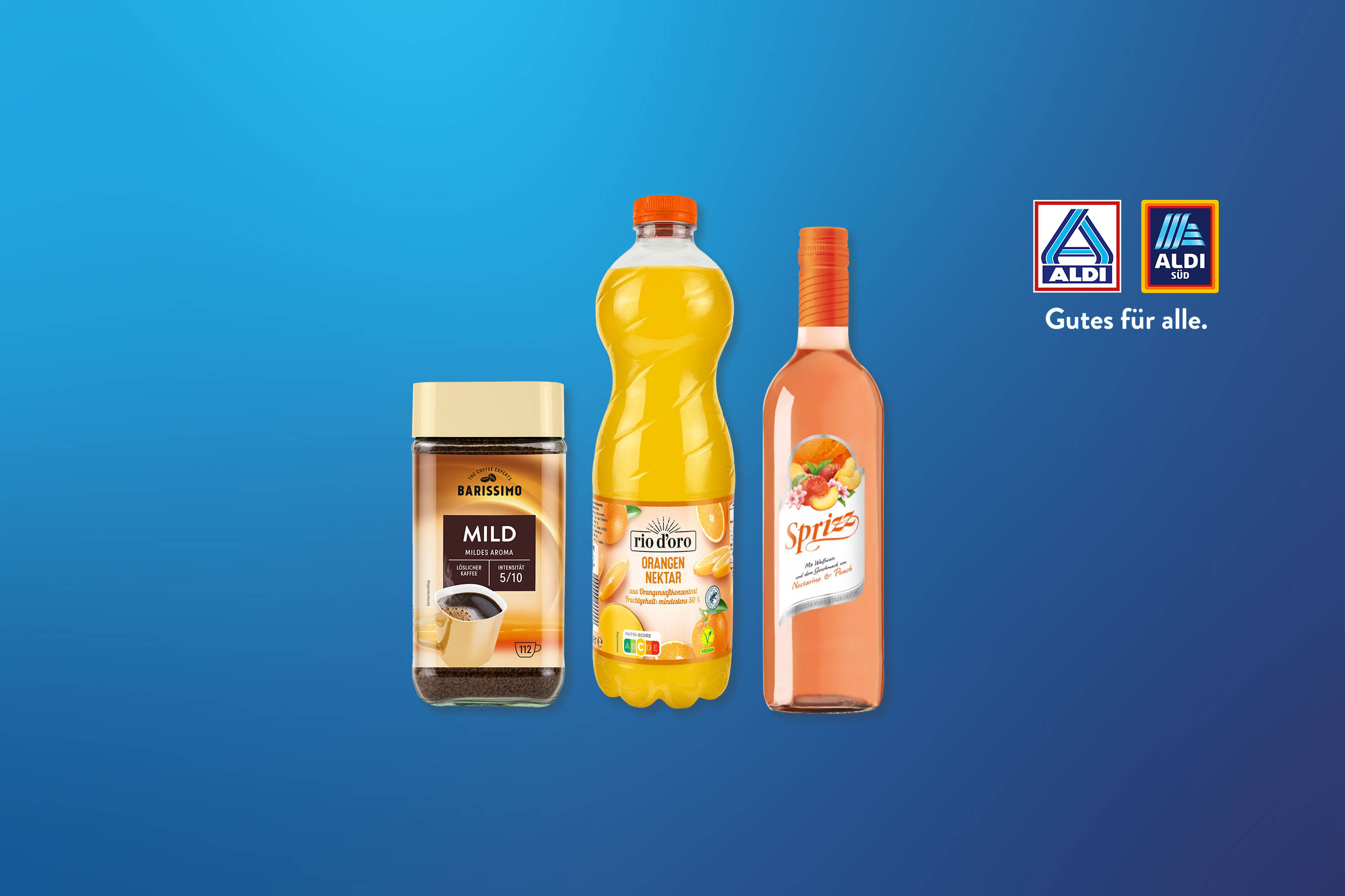 Produktaufnahme von drei Aldi Produkten u.a. Rio D'Oro Orangen Nektar und Barissimo Löslicher Kaffee.