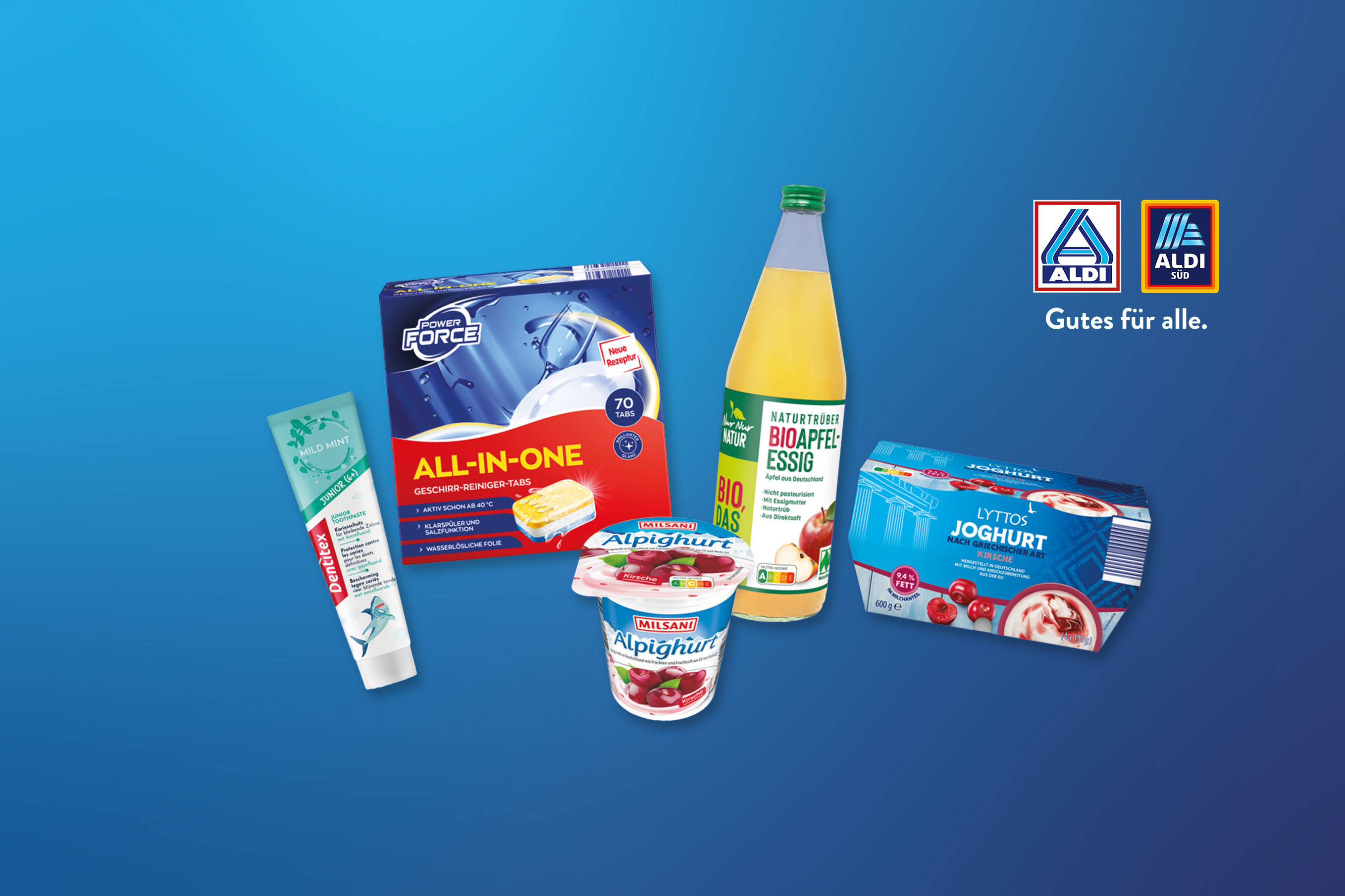 Ausgewählte ALDI Eigenmarken-Produkte vor blauem Hintergrund mit ALDI Logo.