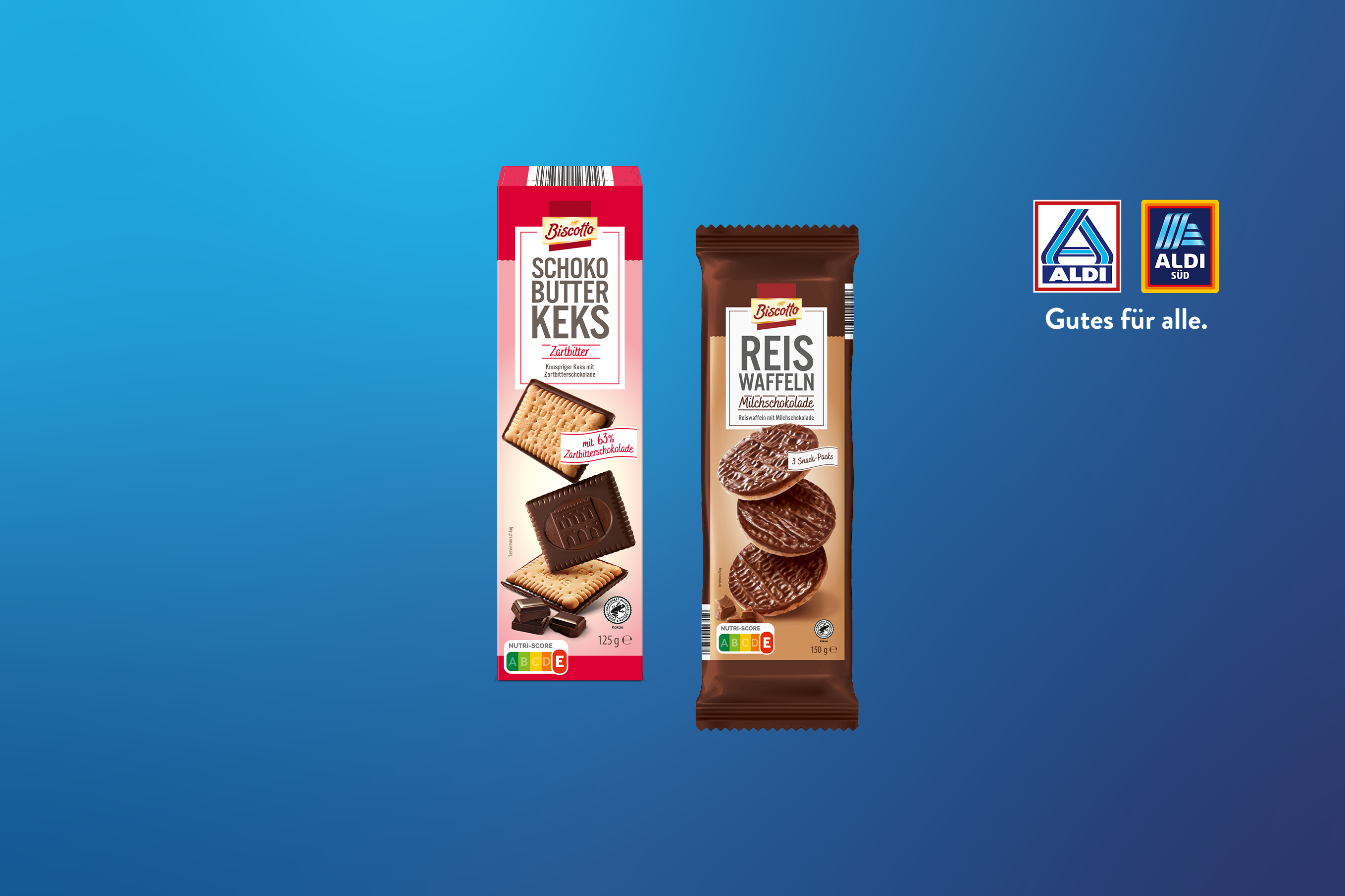 ALDI BISCOTTO Schoko-Butterkeks und Reiswaffeln mit Milchschokolade vor blauem Hintergrund.
