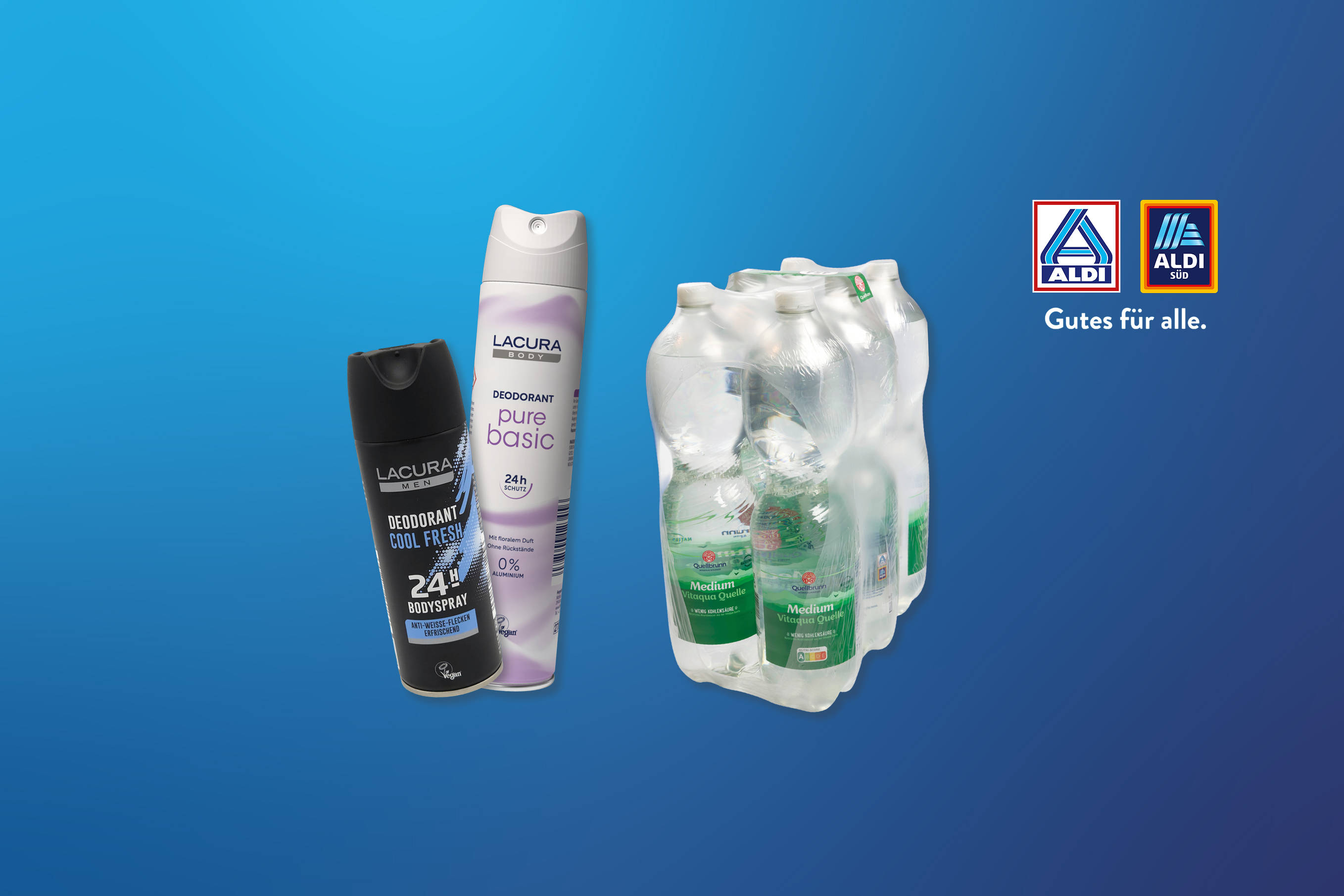 Produktaufnahme von zwei ALDI Deodorants und einem Mineralwasser Six-Pack.