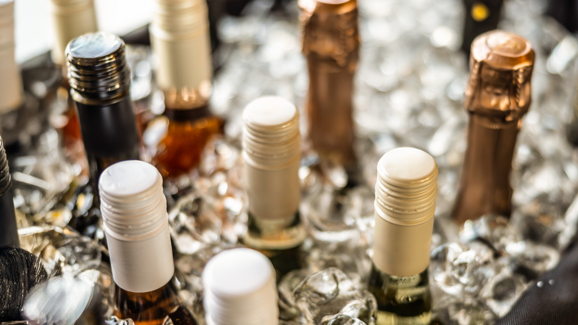 Wein- und Sektflaschen in Eis gekühlt, Nahaufnahme.