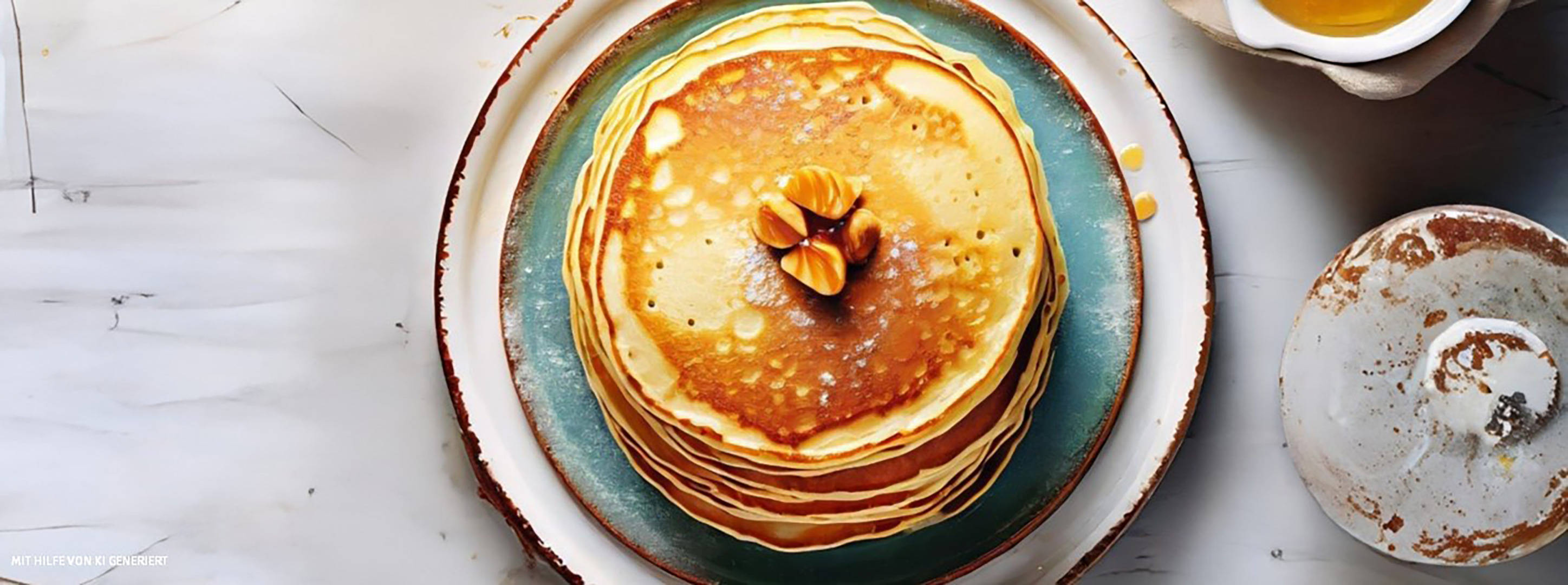 Goldbrauner Pfannkuchenstapel mit Mandeln, Puderzucker und Sirup.