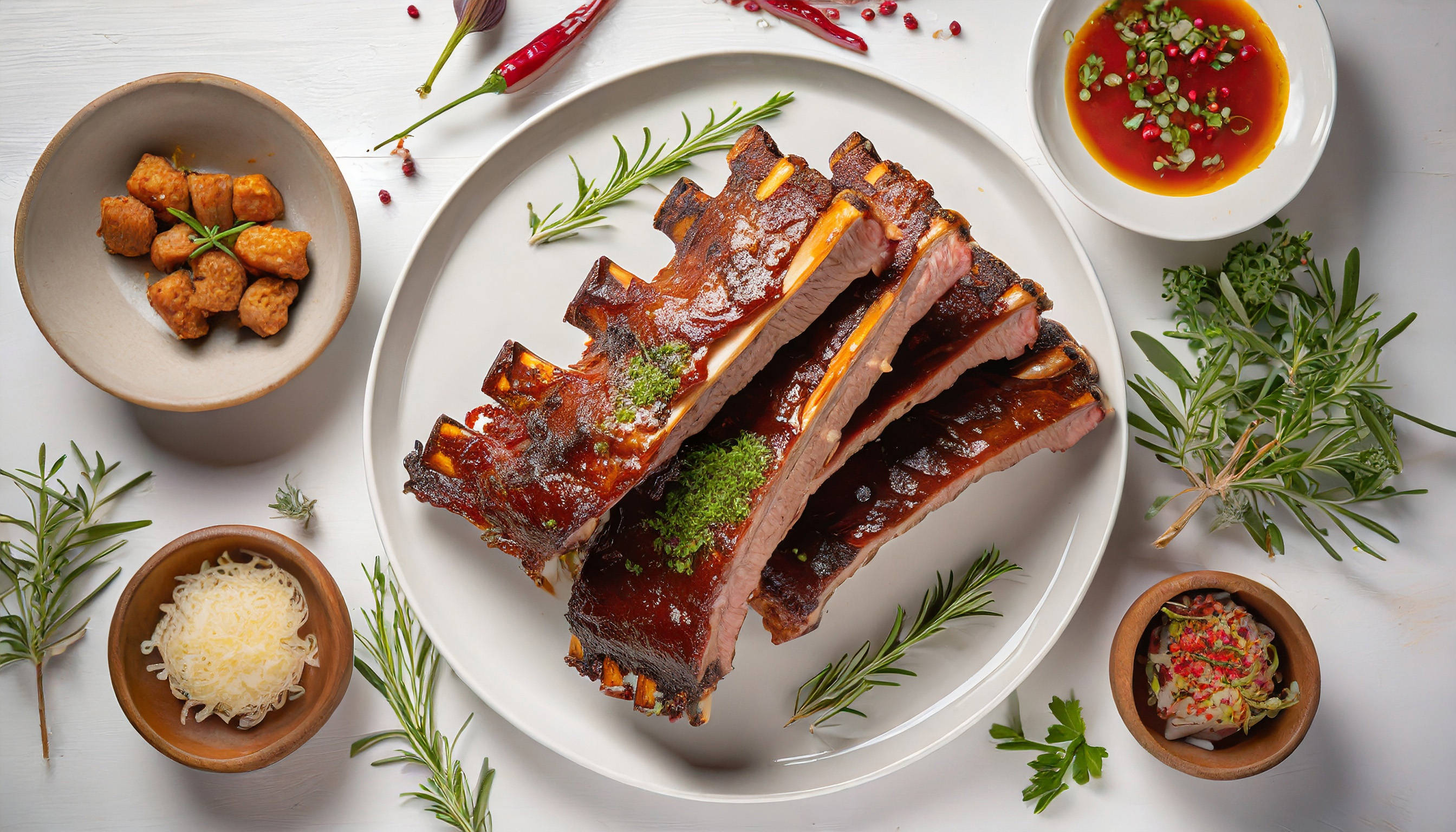 Gericht mit glasierten Rippchen, Saucen und Kräutern.