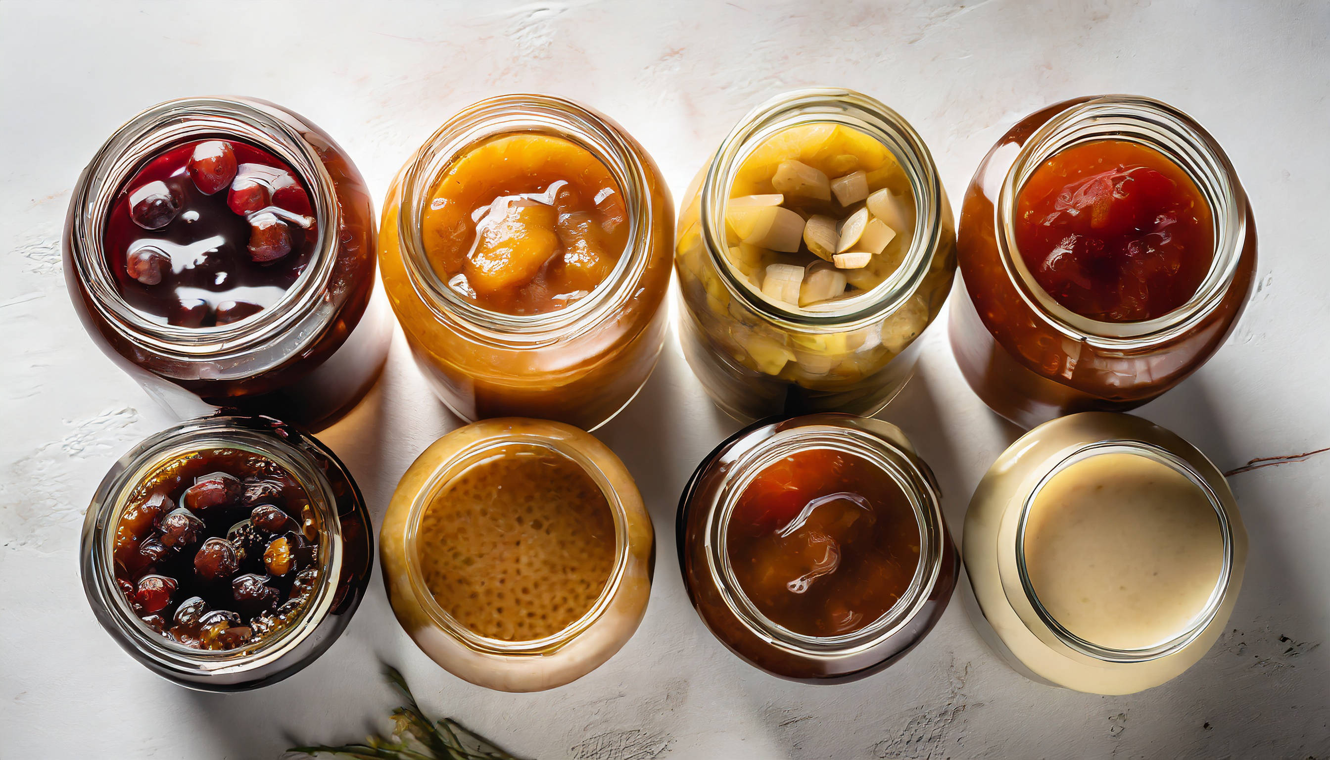 Obenansicht von acht Gläsern mit Eingemachtem.