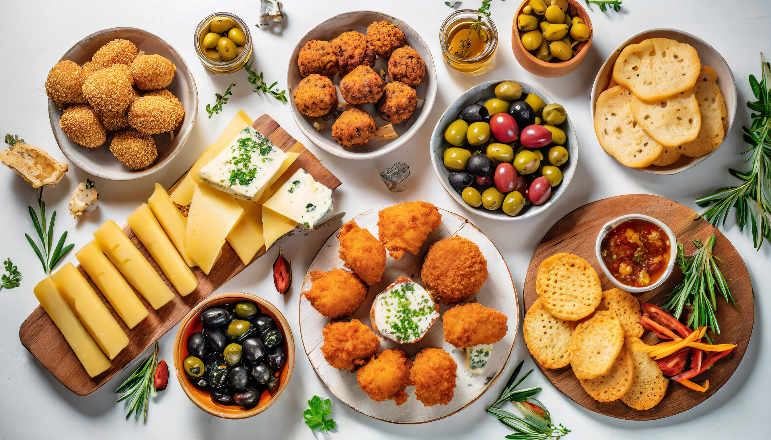 Vielfältige Vorspeisenplatte mit Käse, Oliven und Snacks.