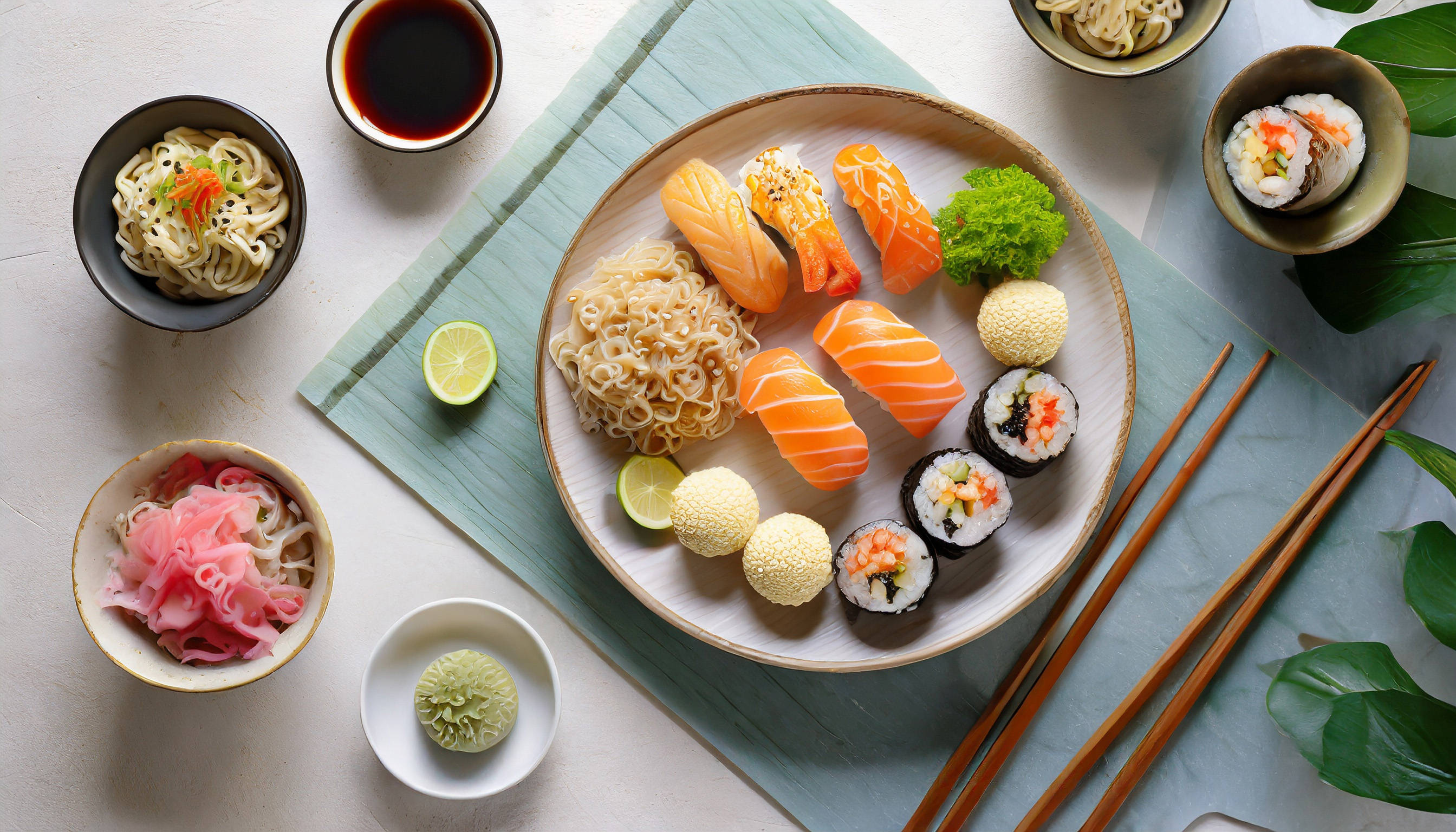 Verschiedene japanische Speisen mit Sushi, Nudeln und Beilagen.