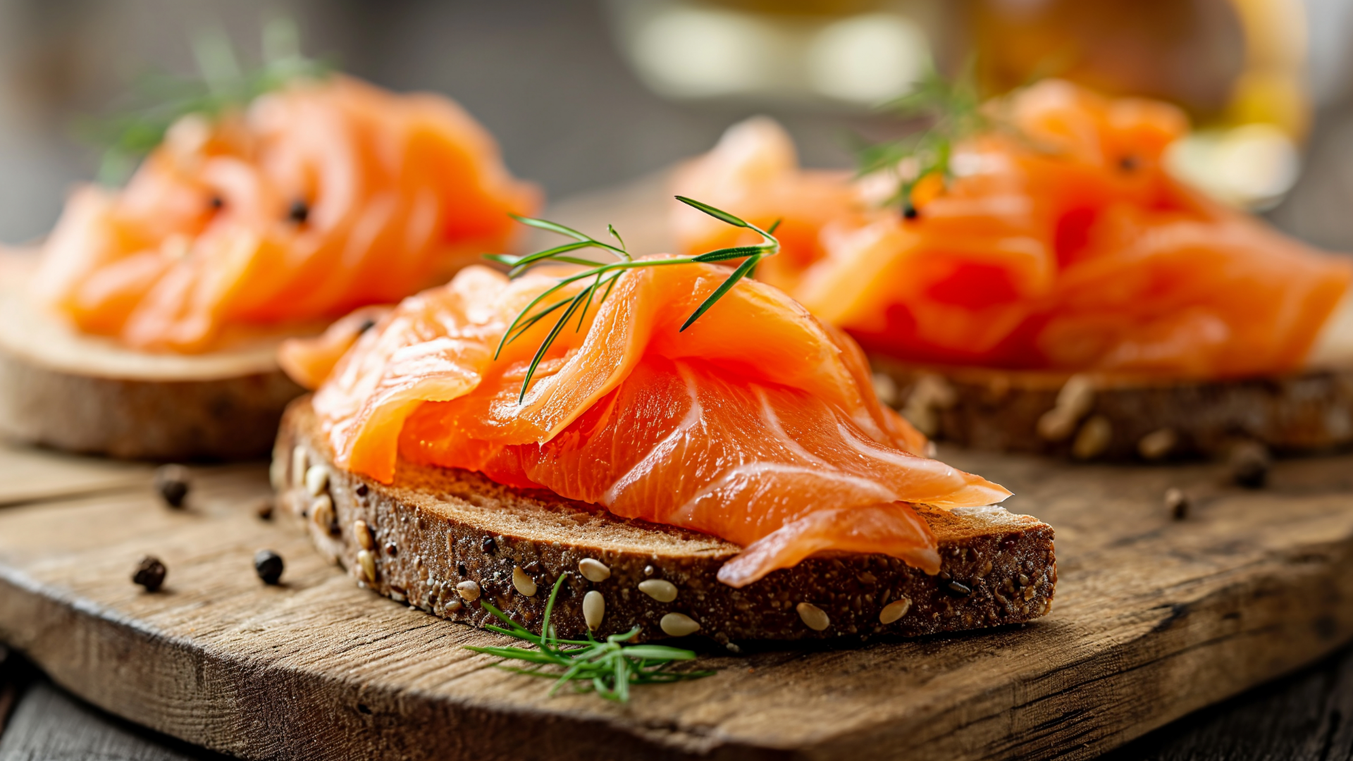 Lachsschnittchen mit Dill auf Holzbrett, Nahaufnahme.