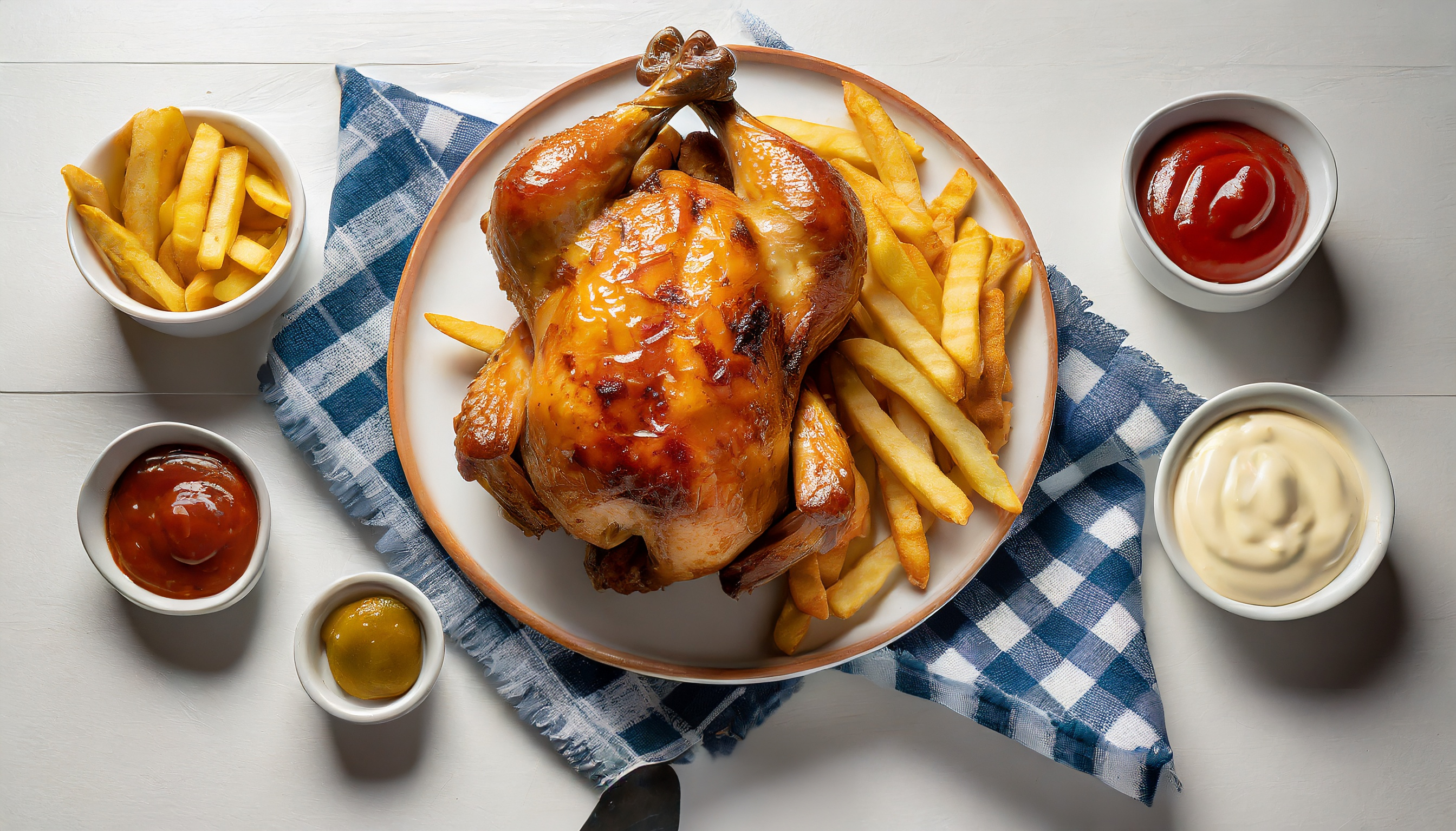 Ganzes Grillhähnchen mit Pommes und drei Dips.