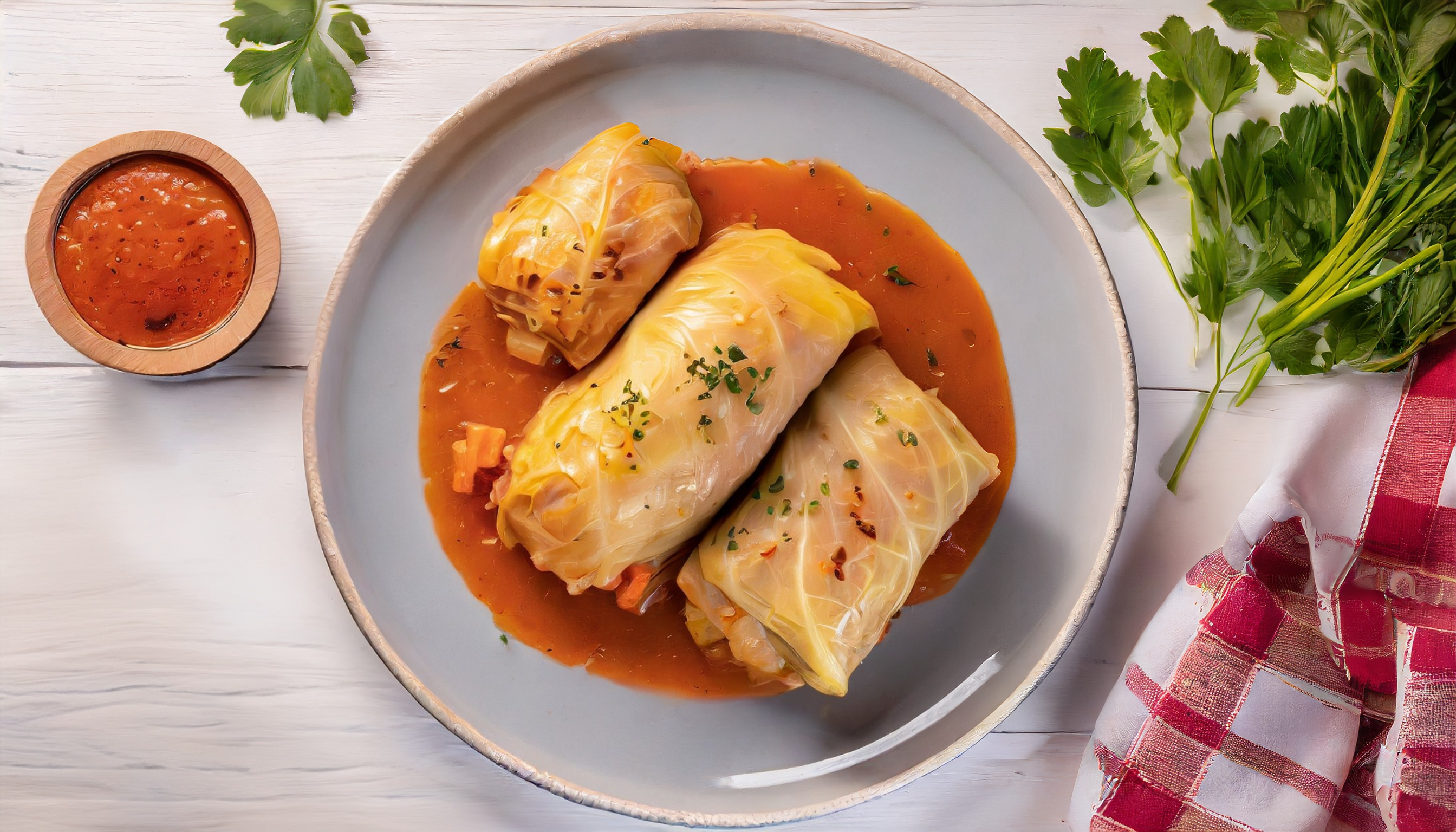 Drei Kohlrouladen in Tomatensauce mit Petersilie.