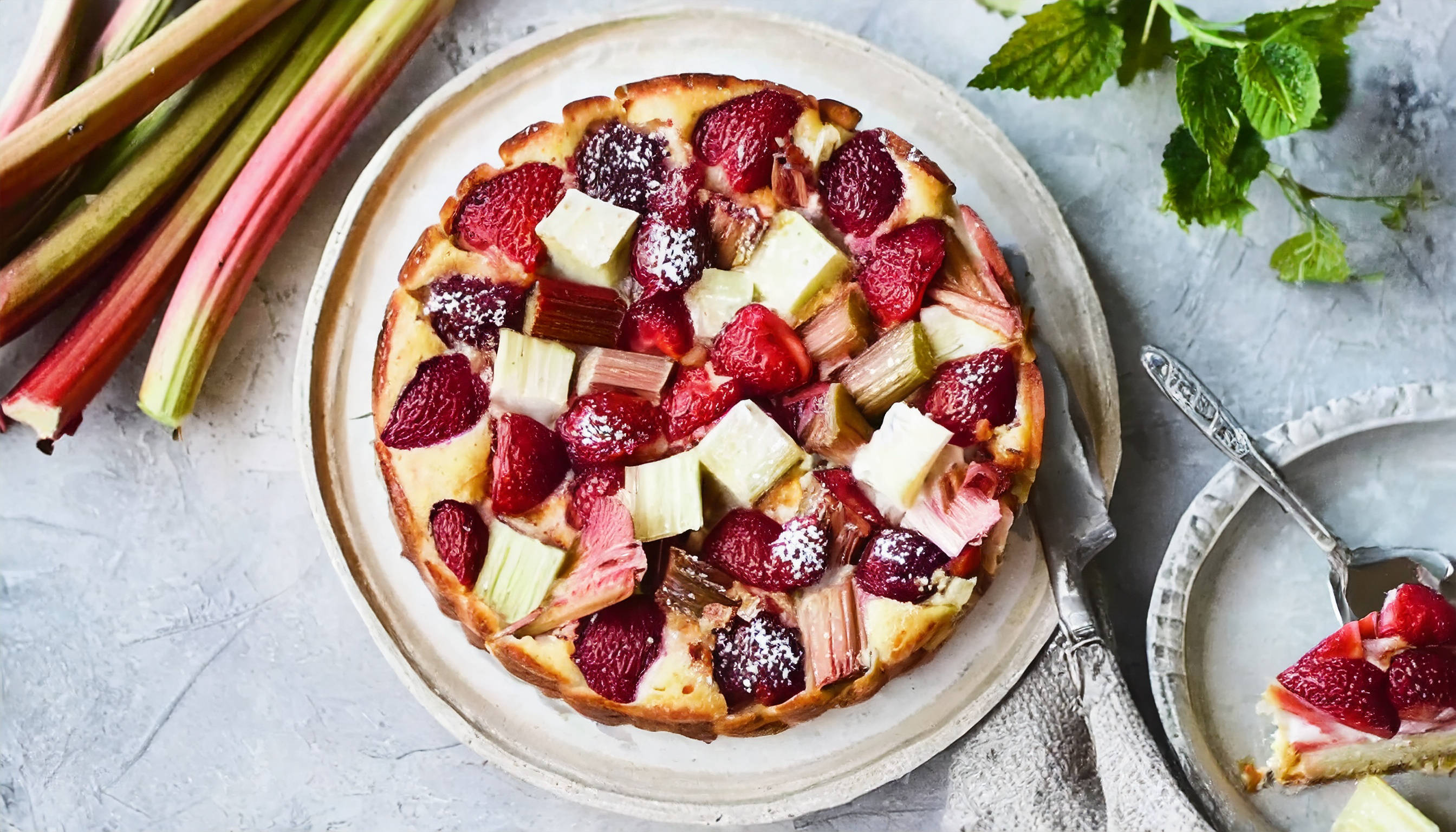 Rhabarber-Erdbeer-Kuchen auf Teller mit Rhabarberstangen.