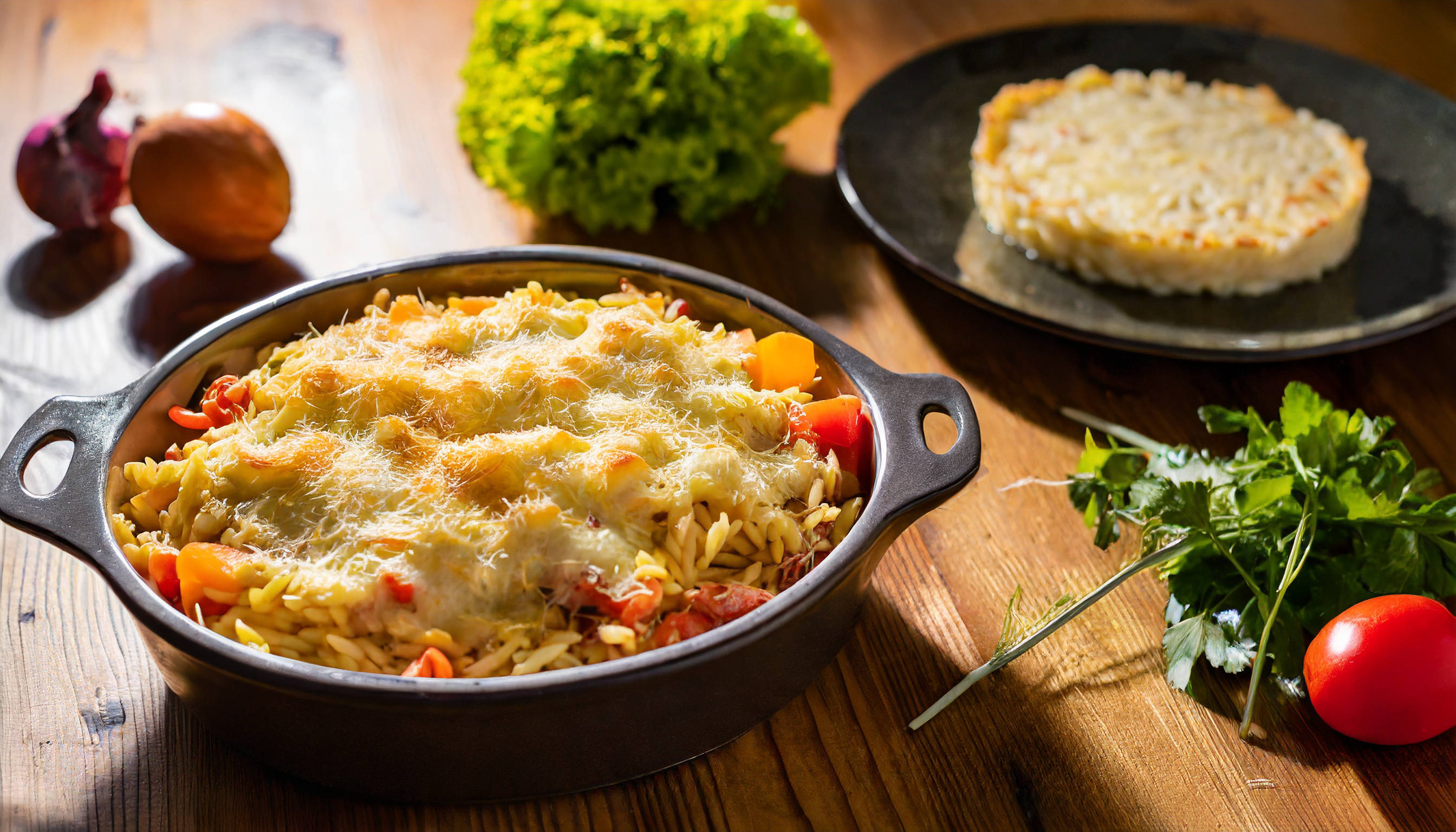 Risoni-Auflauf mit Käse überbacken.