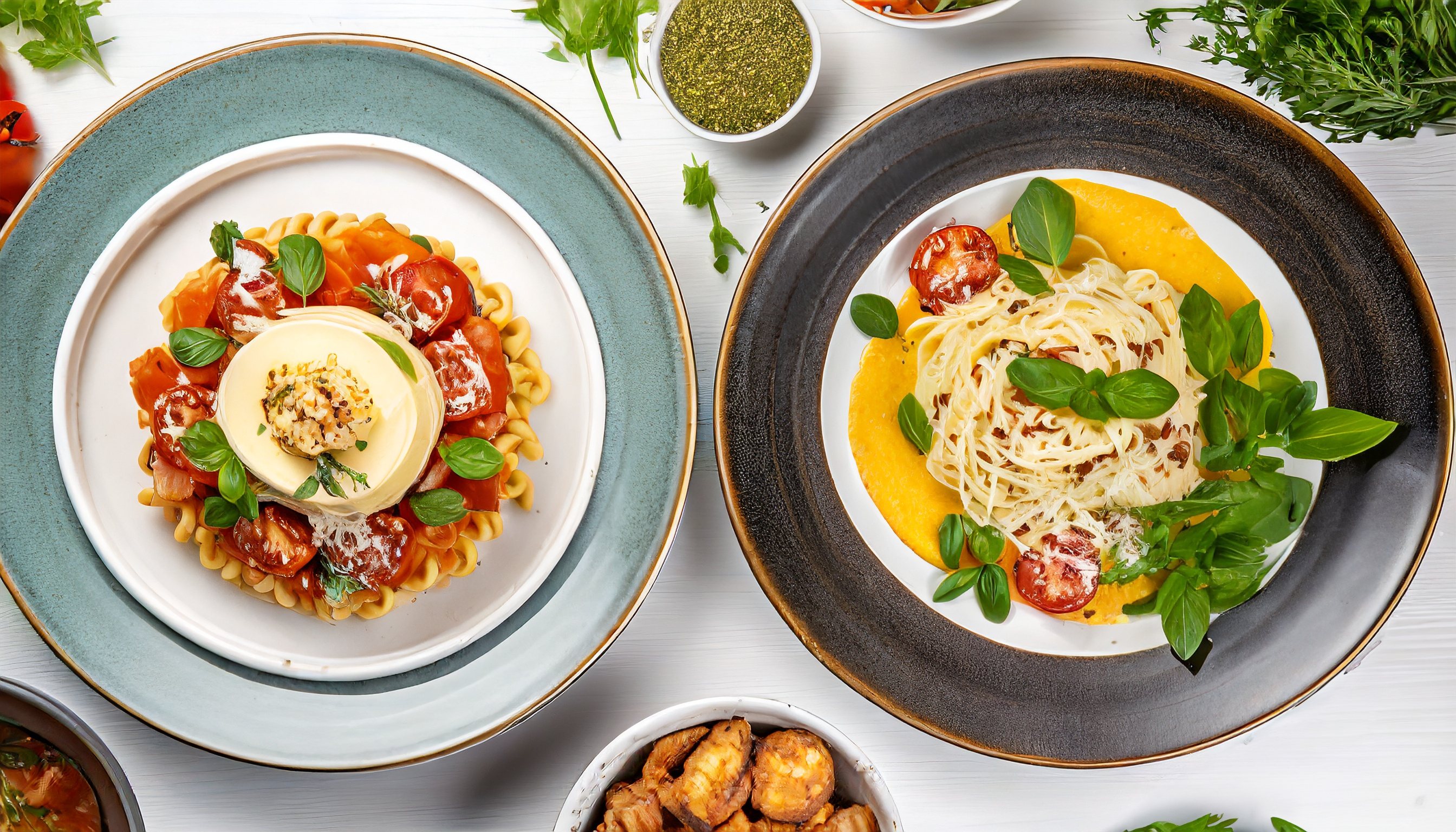 Zwei Nudelgerichte mit Tomaten und frischem Basilikum.
