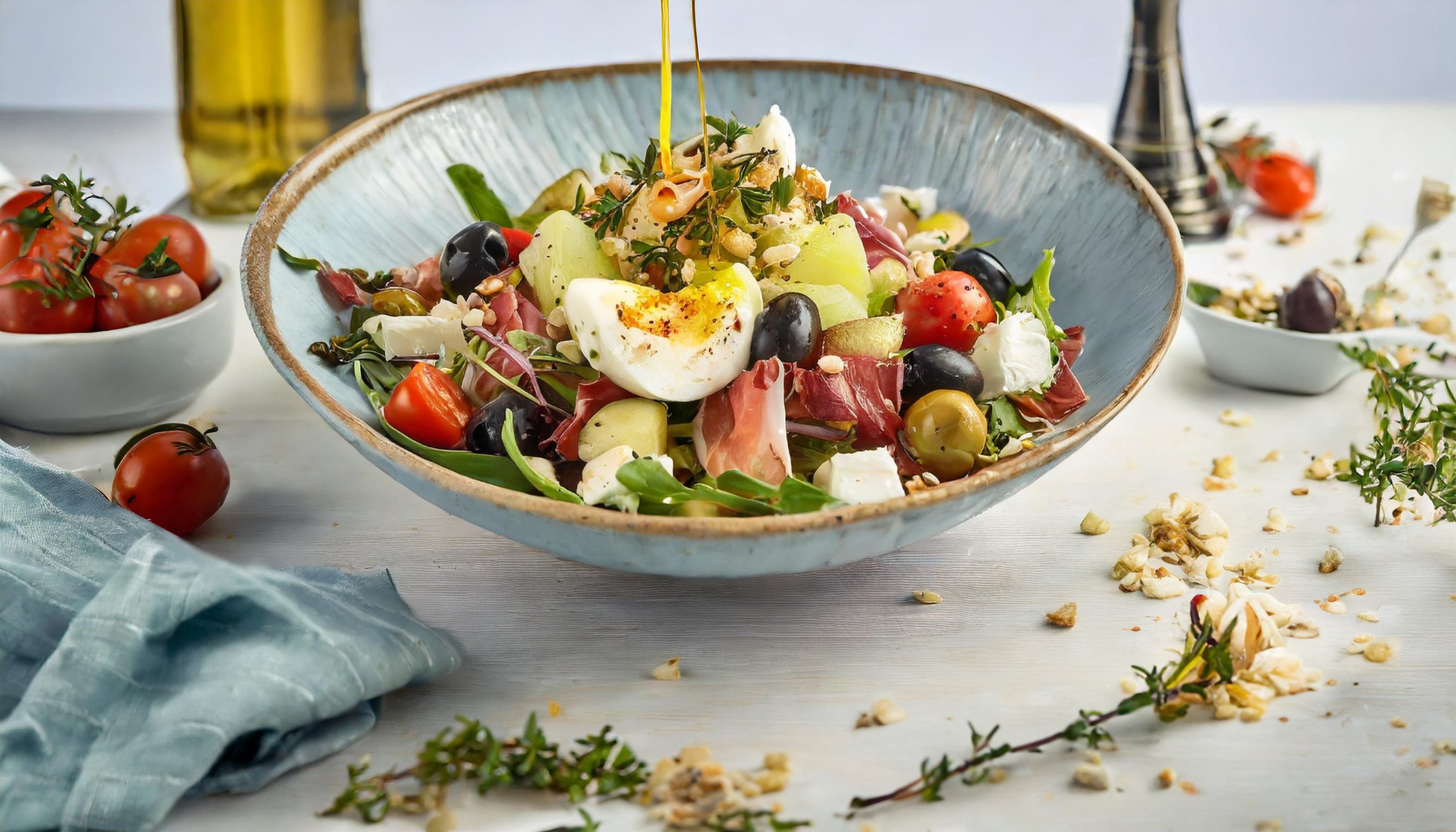 Frischer Sommersalat mit Ei, Schinken, Käse und Oliven.