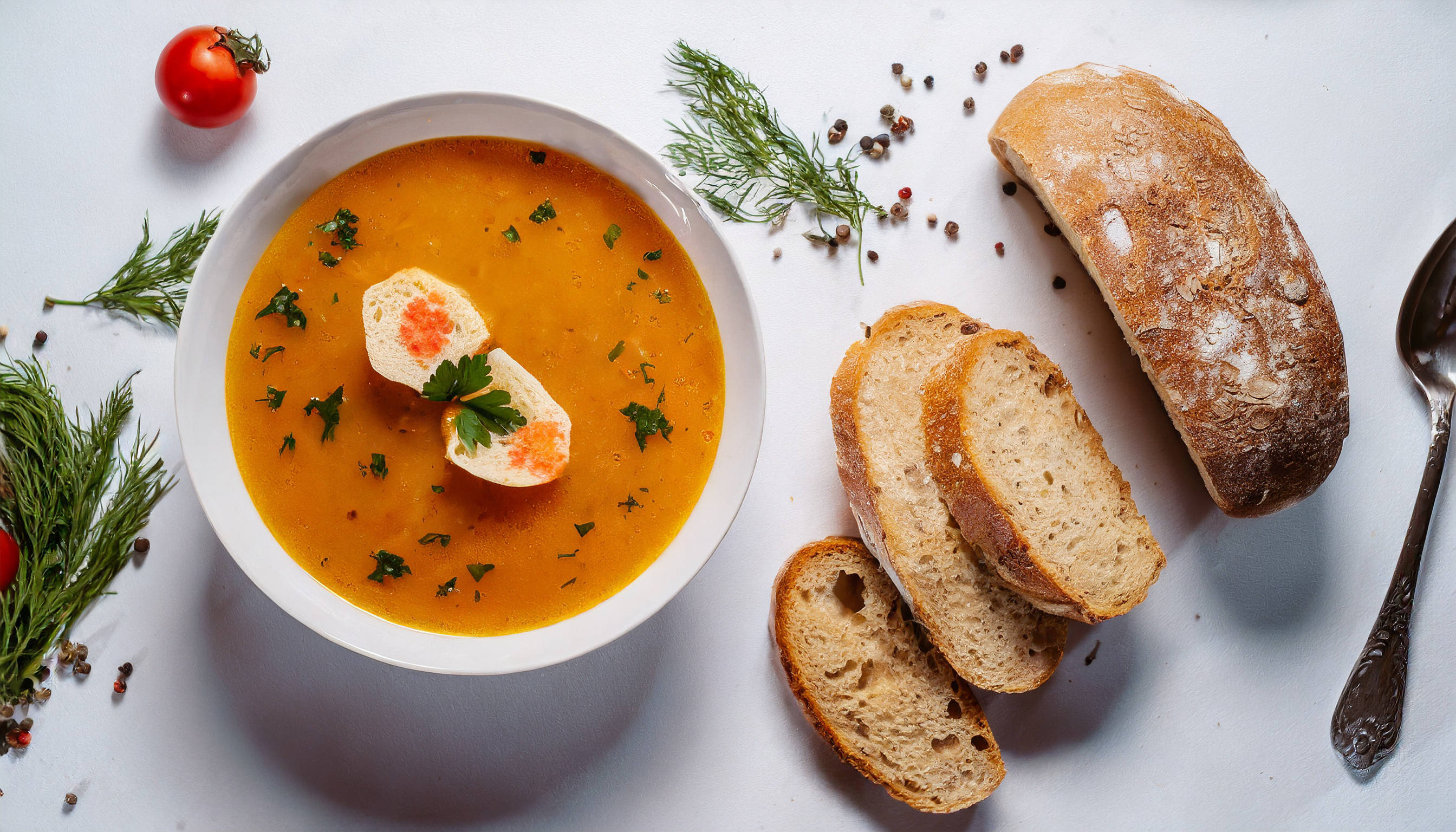 Orangefarbene Suppe mit Brot, Tomate und Kräutern.
