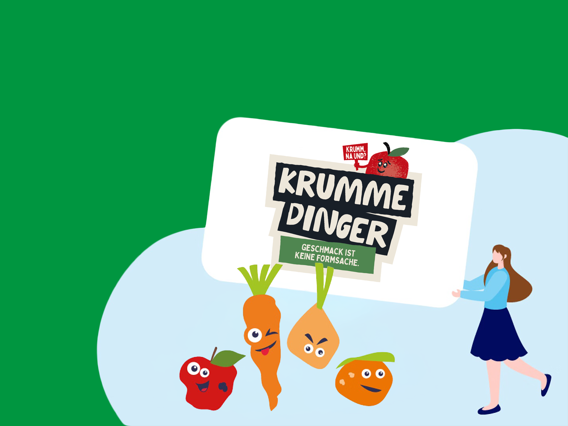 Illustration von krummen Gemüse und Krumme Dinger Logo gehalten von einer Frau.