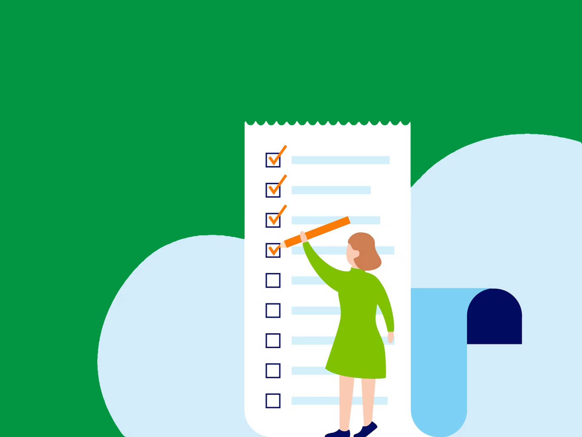 Illustration einer Frau, die mit einem Stift eine Checkliste auf einem Blatt Papier abhakt.