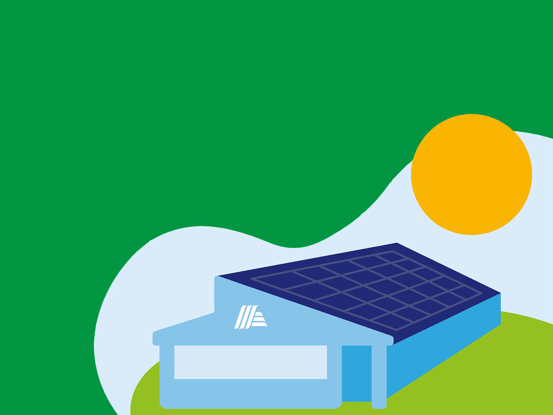 Illustration einer ALDI SÜD‑Filiale mit Solarpaneelen auf dem Dach, darüber scheint die Sonne.