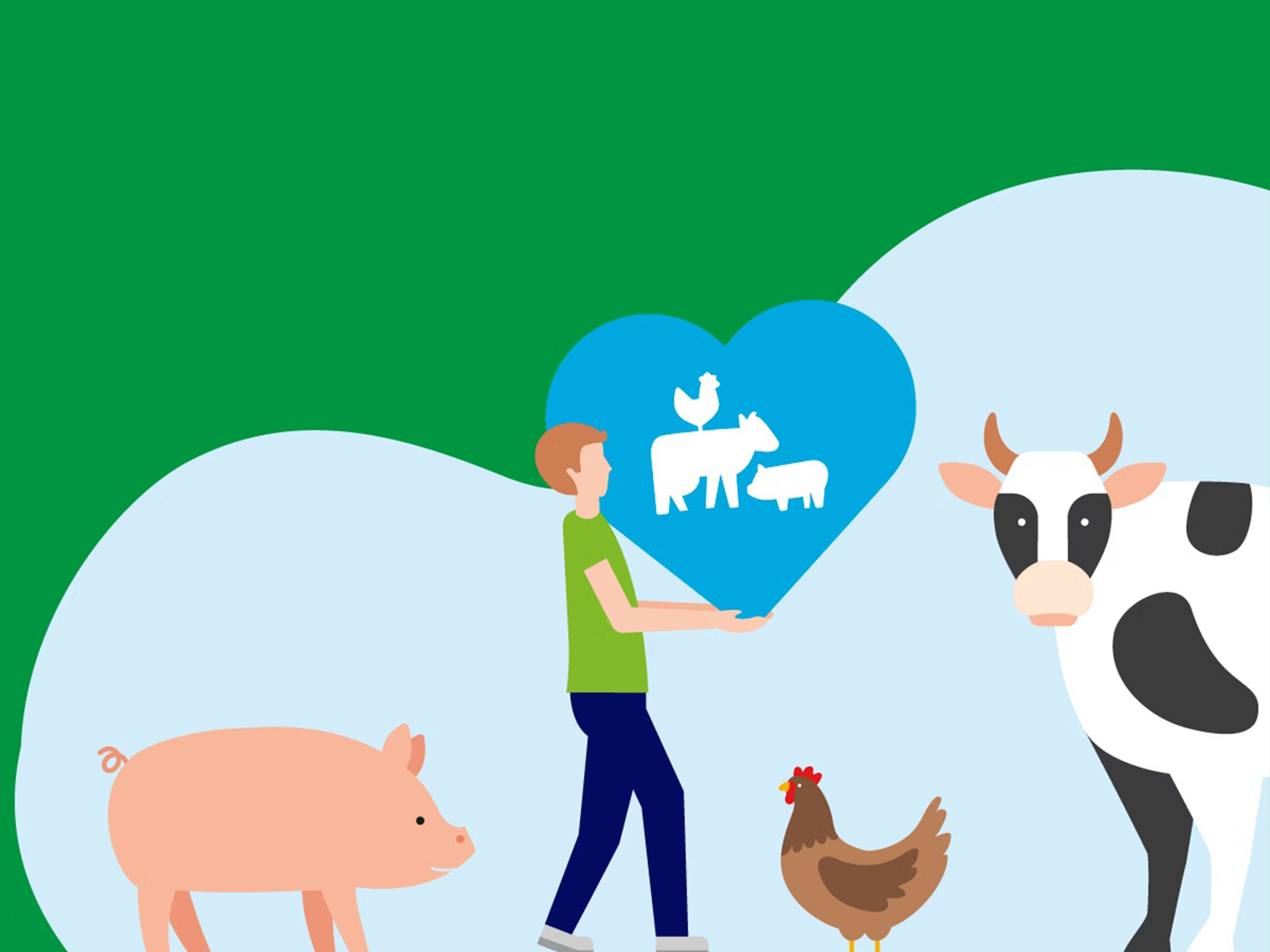  Illustration einer Person, die ein Herzsymbol mit Tierumrissen hält, umgeben von einem Schwein, einem Huhn & einer Kuh.