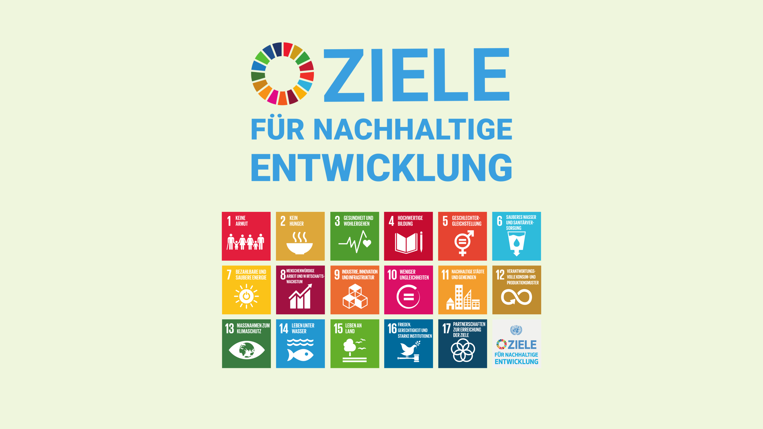 Logo der Ziele für nachhaltige Entwicklung mit buntem Kreis und blauem Text auf hellgrünem Hintergrund.