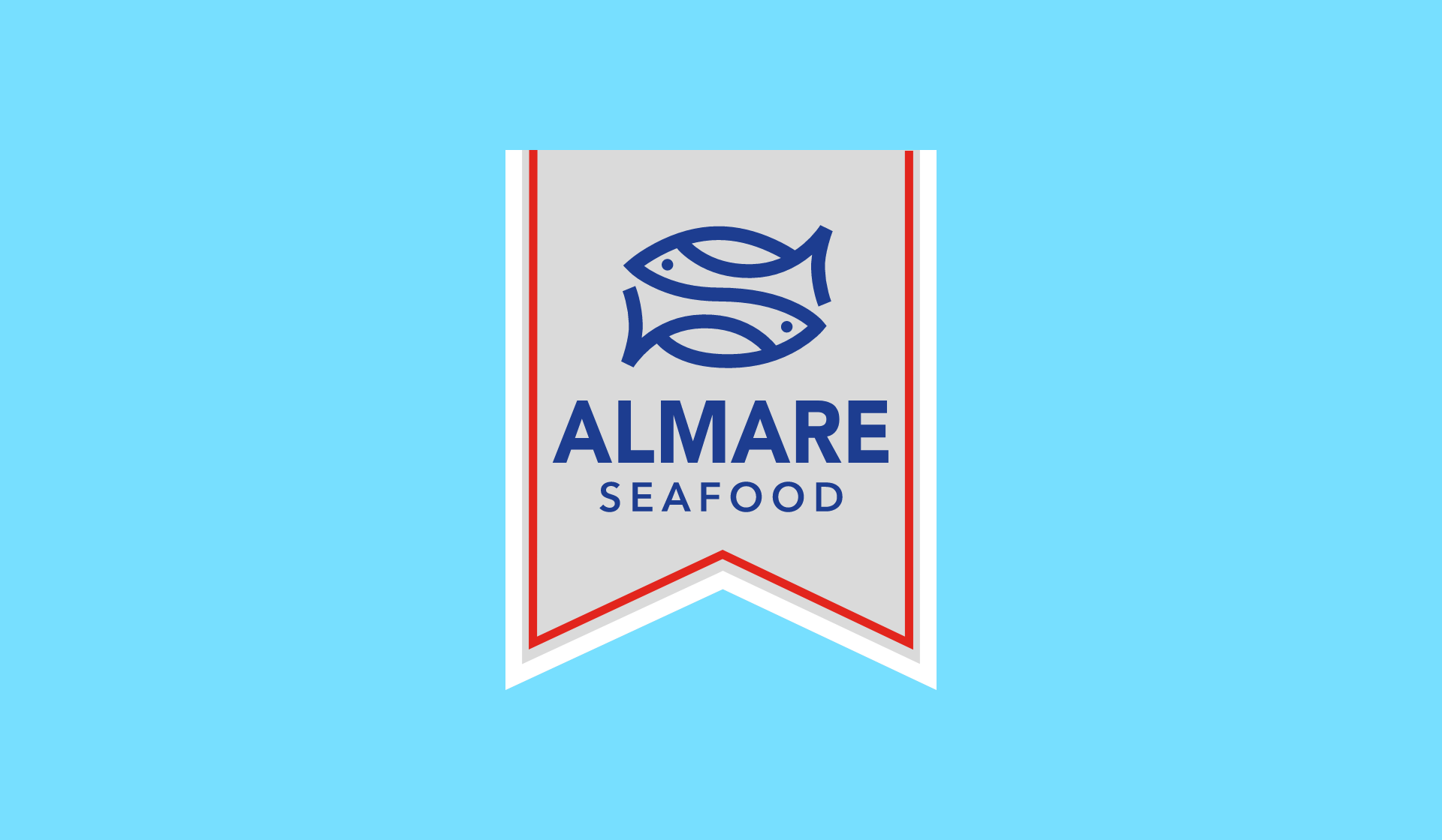 Graues Almare-Logo mit blauem Schriftzug und Fischen.