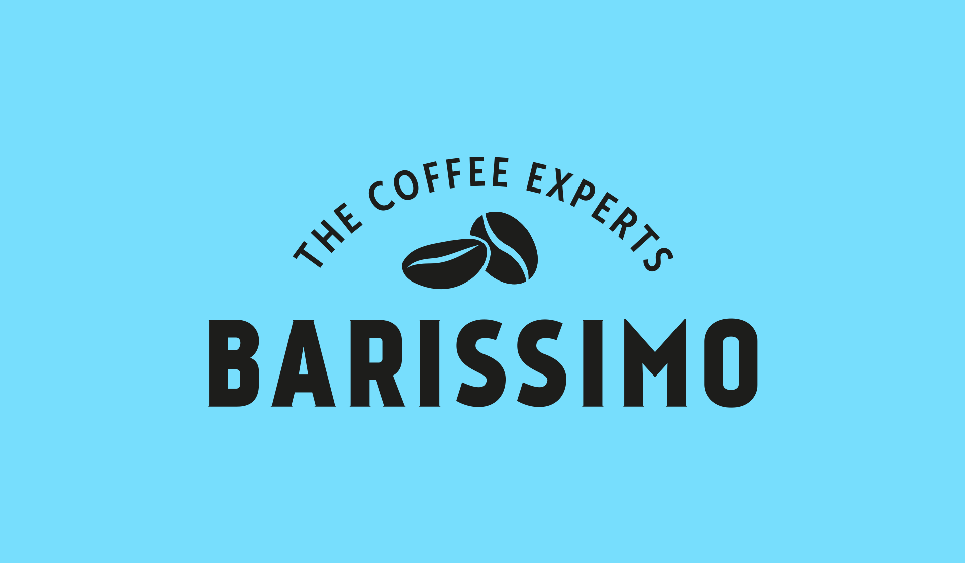 Logo Barissimo in Schwarz auf hellblauem Hintergrund, mit Kaffeebohnen