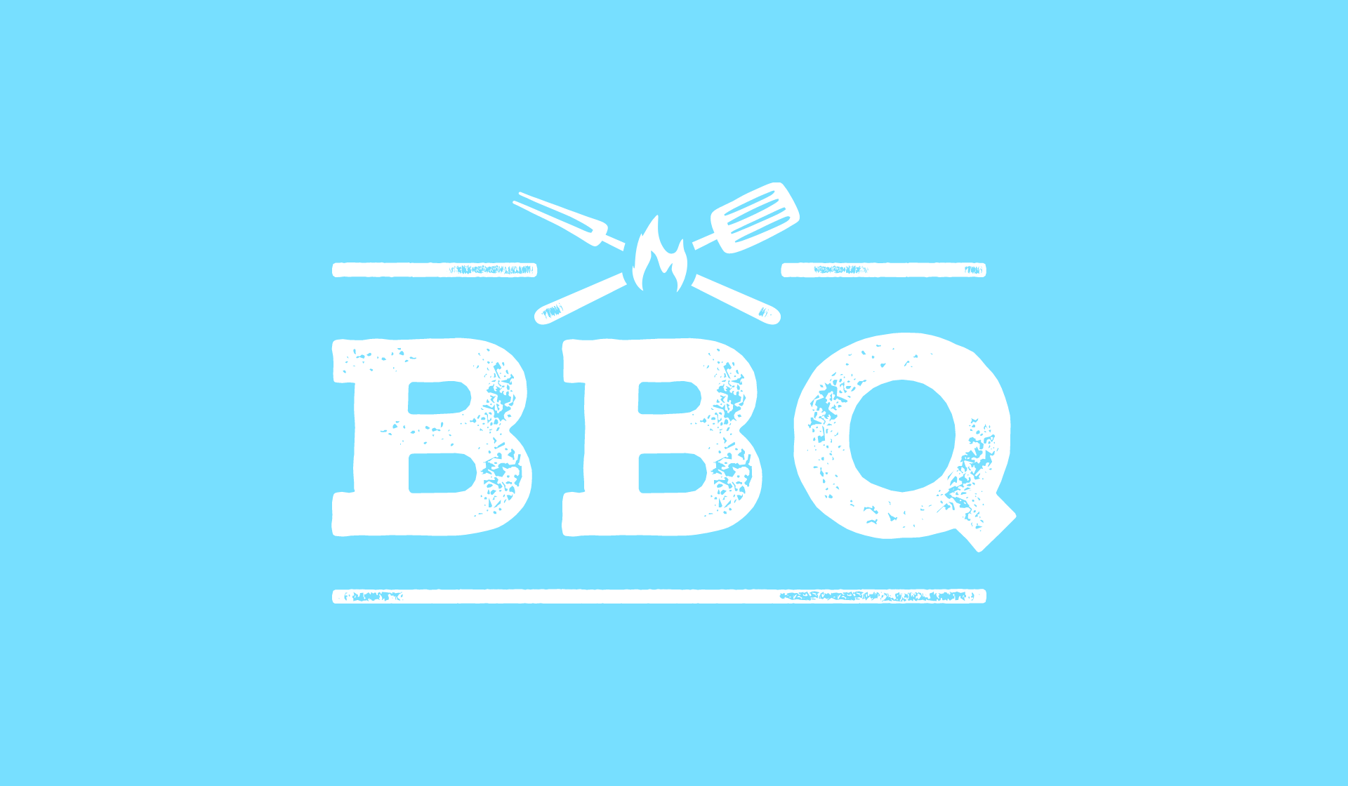 Logo BBQ mit weißer Schrift auf hellblauem Hintergrund, mit Grillzubehör