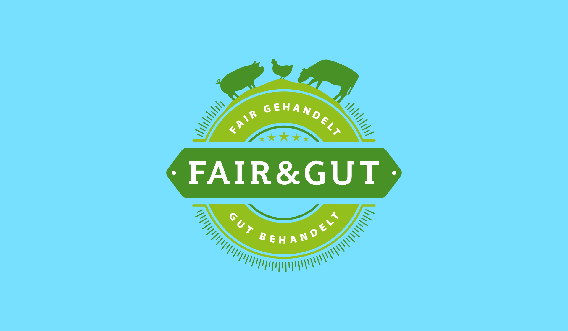 Logo Fair und Gut in Hellgrün und Dunkelgrün mit dunkelgrünen Tieren auf hellblauem Hintergrund.