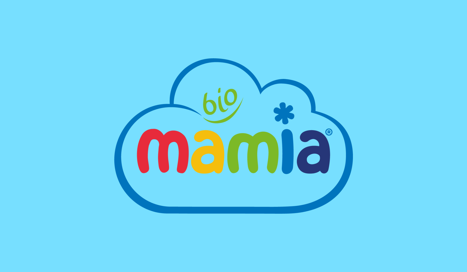 MAMIA BIO Logo in Regenbogenfarben umrandet von einer blauen Wolke auf hellblauem Hintergrund