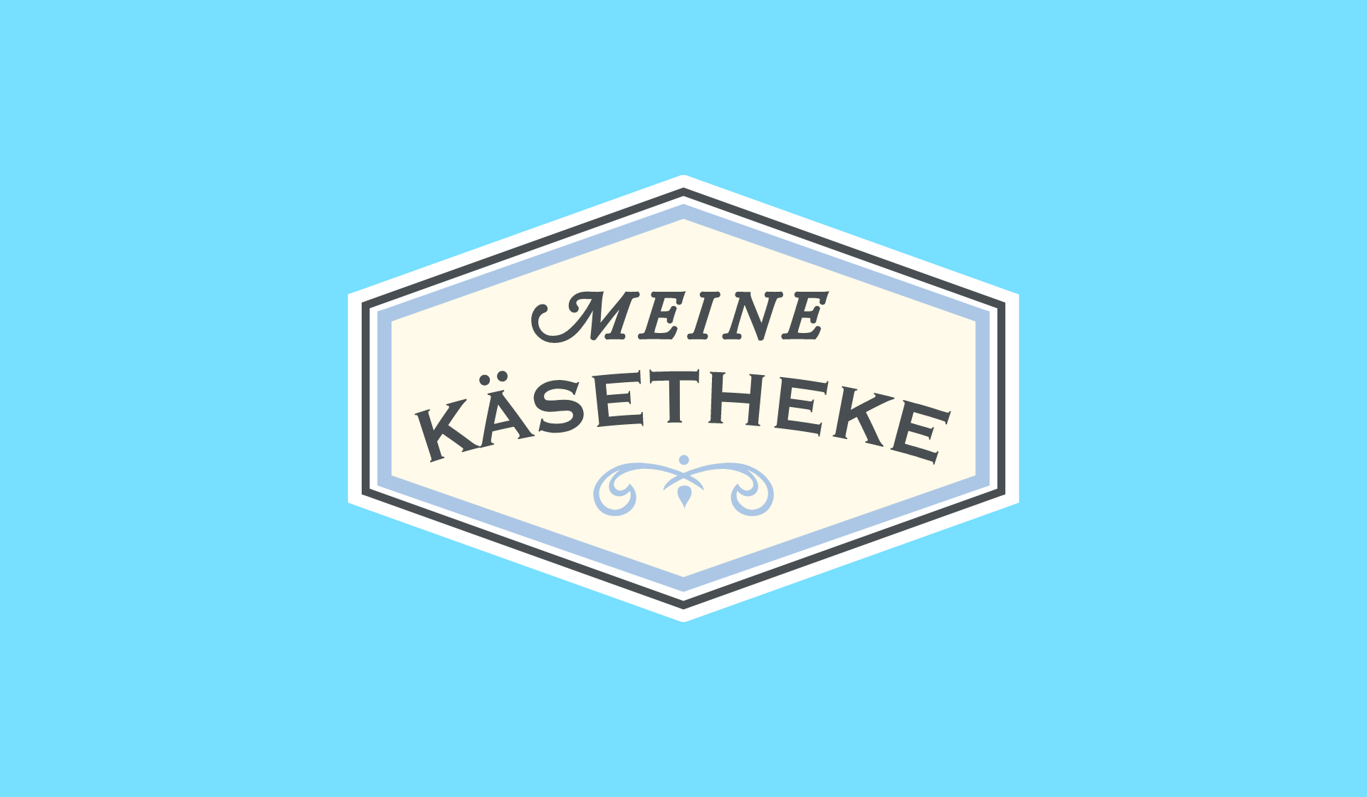 Logo Meine Käsethek in Weiß und Schwarz auf hellblauem Hintergrund.