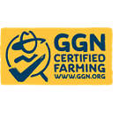 GGN Certified Farming blue badge on yellow background
