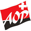 AOP Swiss certification flag with bold lettering