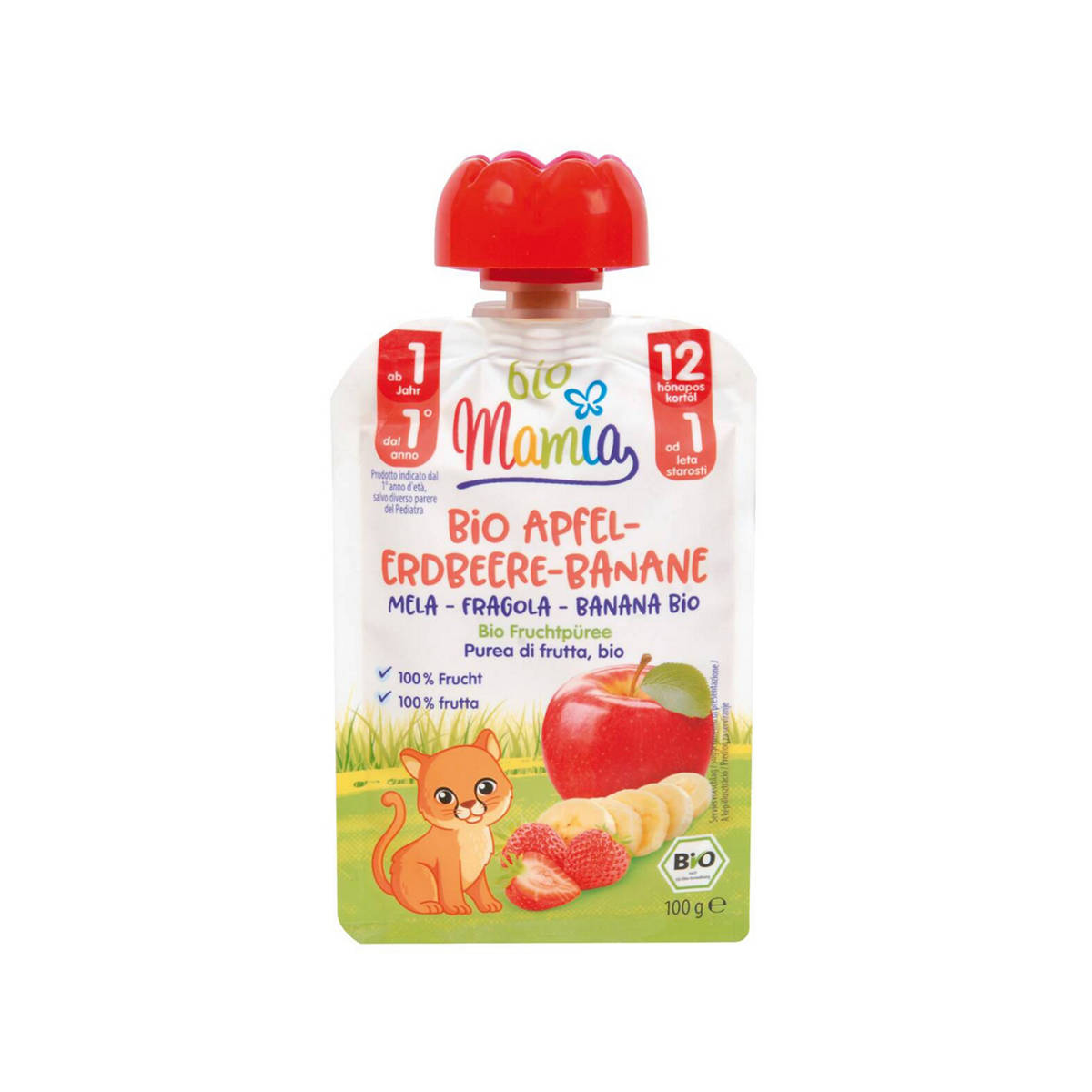 pouch purea gusto mela, fragola e banana