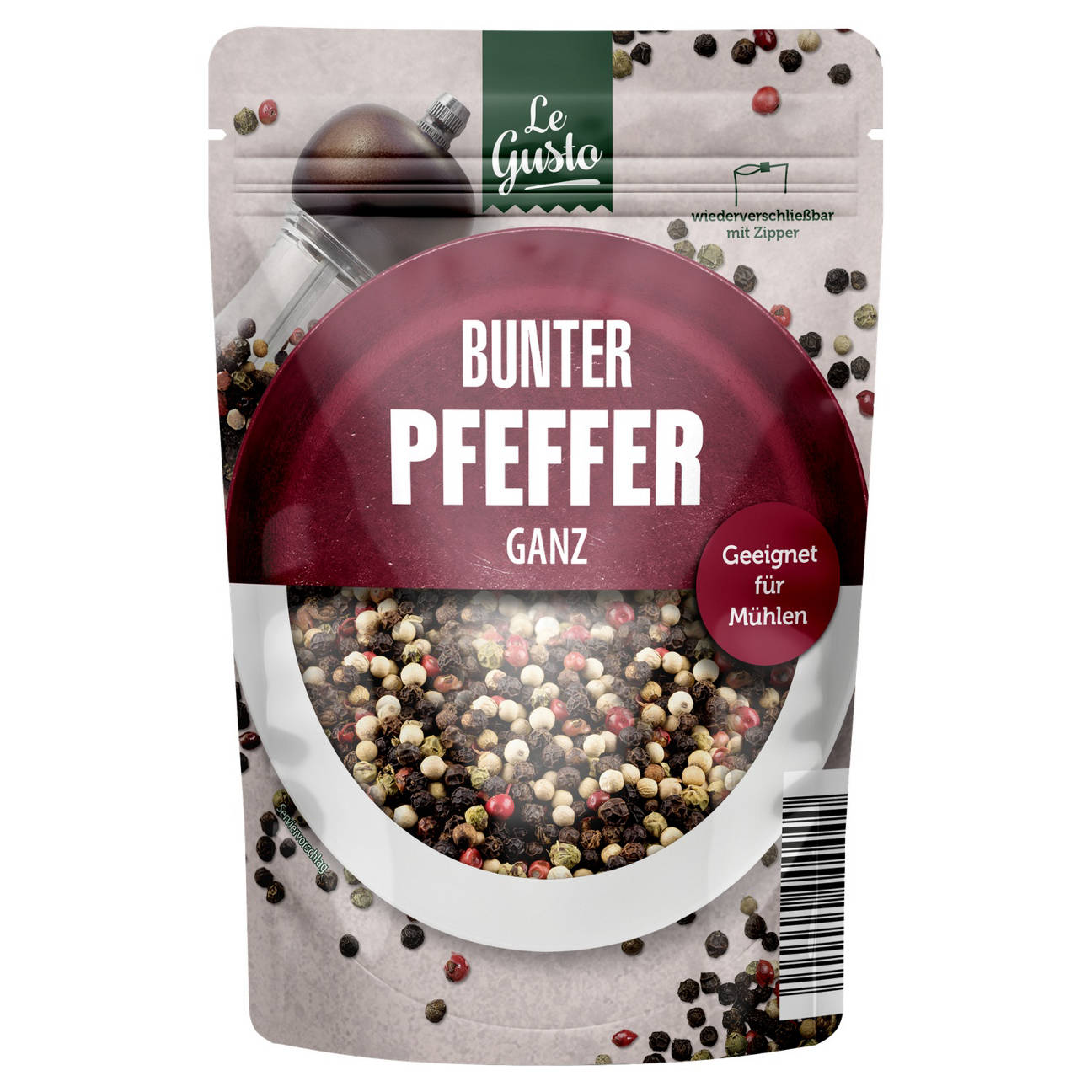 Gewürze im Nachfüllbeutel 100 g, Bunter Pfeffer, ganz