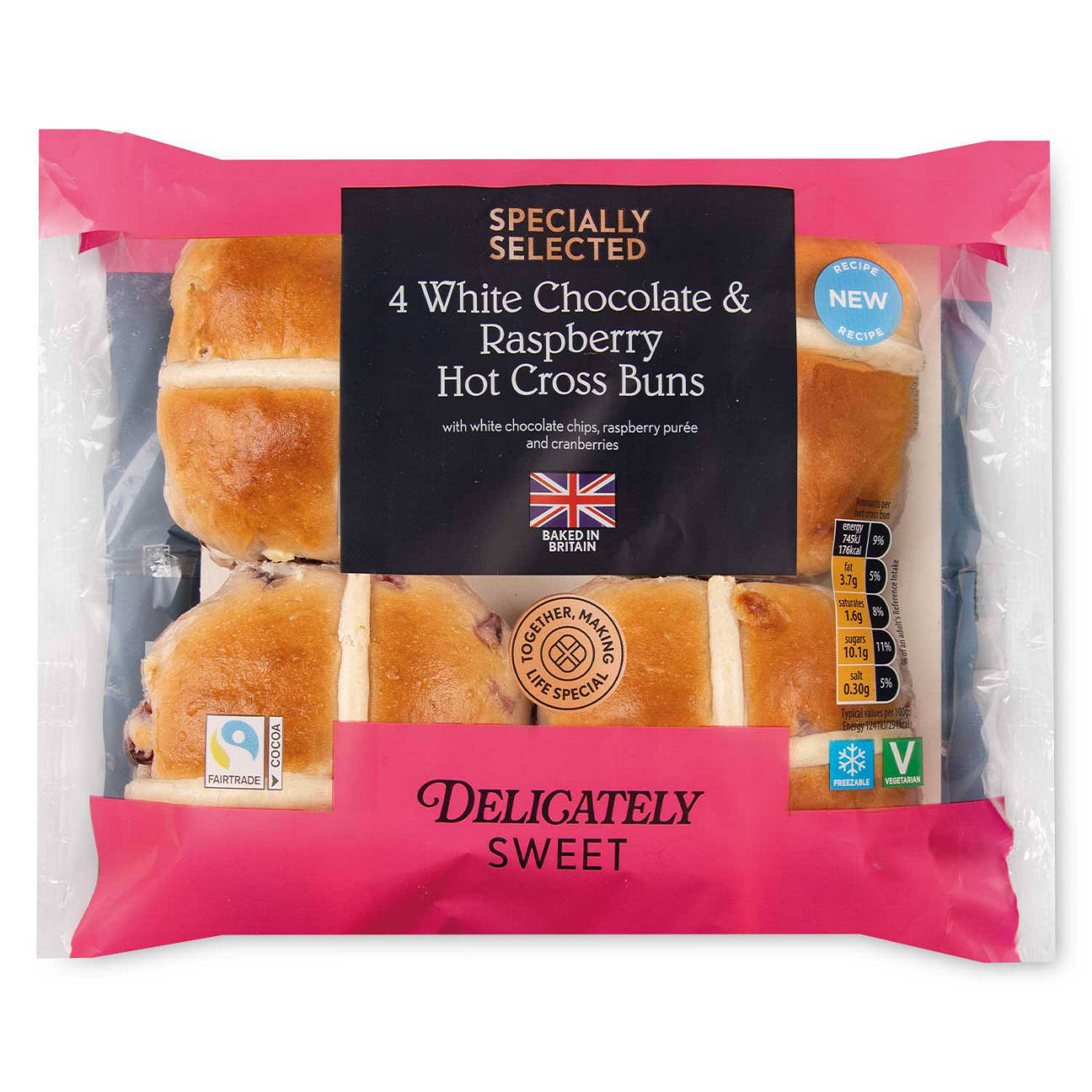White Chocolate/Raspberry Hot Cross Buns 4 Pack | ALDI UK