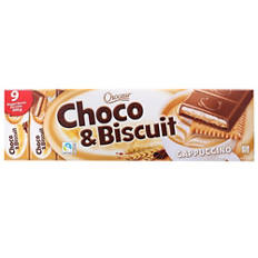 Barretta al cioccolato con biscotti, cappuccino