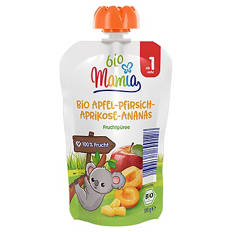Bio-Quetschbeutel 100 g, Apfel-Aprikose-Pfirsich-Ananas