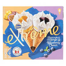 Cornets Extrême, fruit de la passion-mangue et crème aux myrtilles