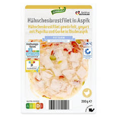 Aspik-Aufschnitt 200 g, Hähnchenbrustf. mit Paprika u. Gurke