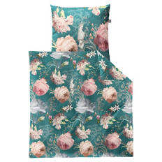 Feinperkal-Bettwäsche, Grüne Blumen, 135 x 200 + 80 x 80 cm