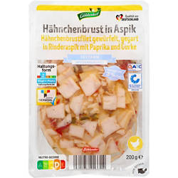 Aspik-Aufschnitt 200 g, Hähnchenbrustf. mit Paprika u. Gurke