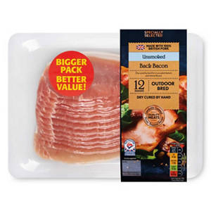 Exceptional 12 Dry Cured Unsmoked Back Bacon Rashers 380g