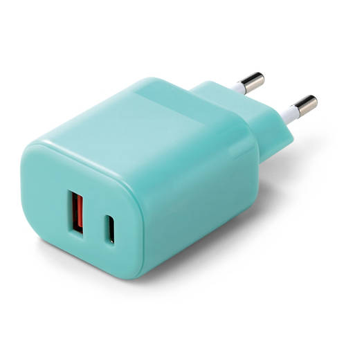 Vista frontale 1, Assortimento sost. Accessori smartphone 20 W car. parete, turchese