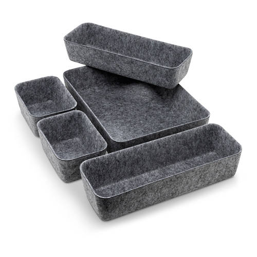 Vue de face 1, Assortiment en feutre, 5 corbeilles de rangement, gris
